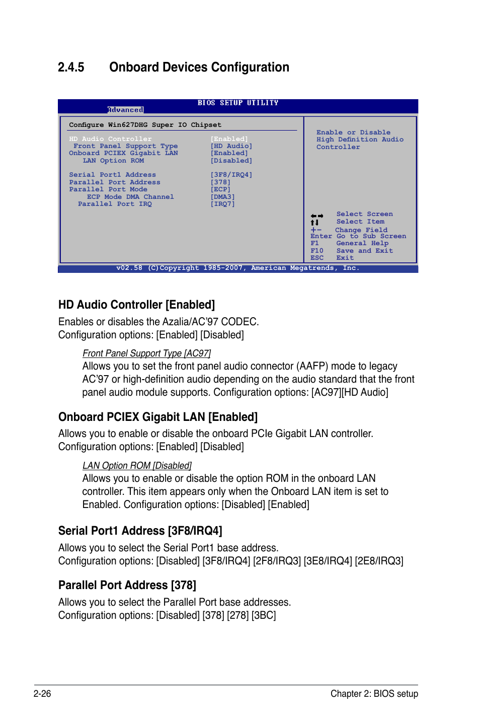 5 onboard devices configuration, Hd audio controller [enabled, Onboard pciex gigabit lan [enabled | Serial port1 address [3f8/irq4, Parallel port address [378 | Asus P5GC-MX/GBL User Manual | Page 72 / 96