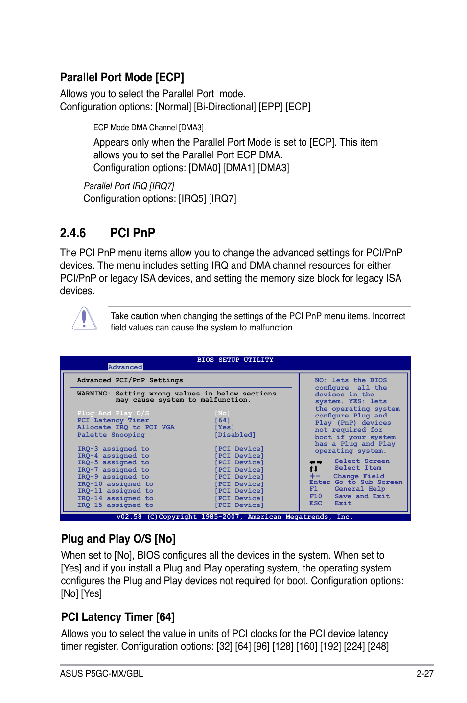 6 pci pnp, Parallel port mode [ecp, Plug and play o/s [no | Pci latency timer [64, Configuration options: [irq5] [irq7 | Asus P5GC-MX/GBL User Manual | Page 73 / 96