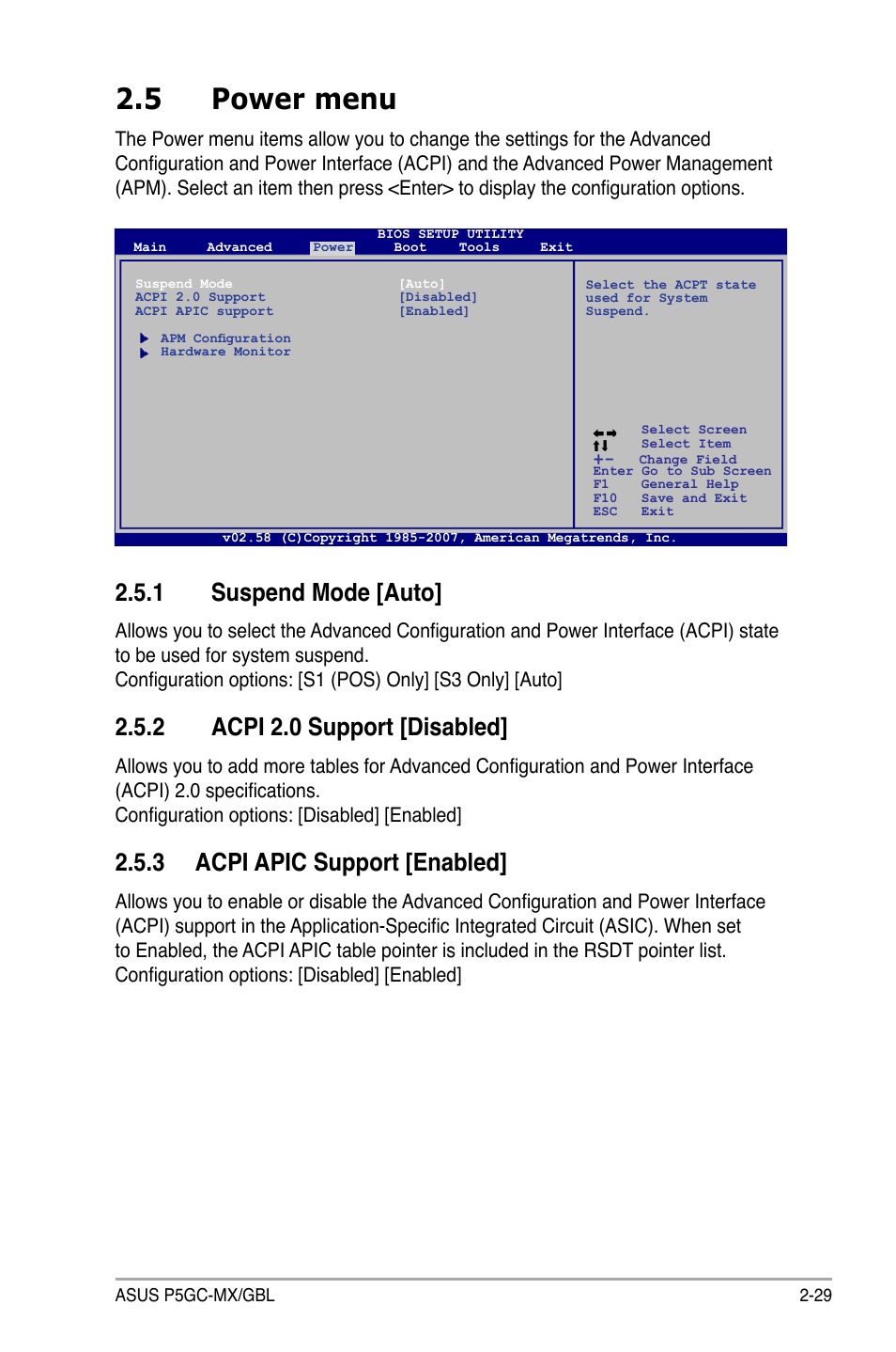 5 power menu, 1 suspend mode [auto, 2 acpi 2.0 support [disabled | 3 acpi apic support [enabled | Asus P5GC-MX/GBL User Manual | Page 75 / 96