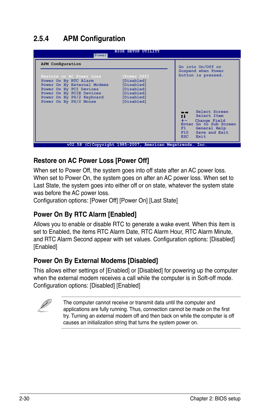 4 apm configuration, Restore on ac power loss [power off, Power on by rtc alarm [enabled | Power on by external modems [disabled | Asus P5GC-MX/GBL User Manual | Page 76 / 96