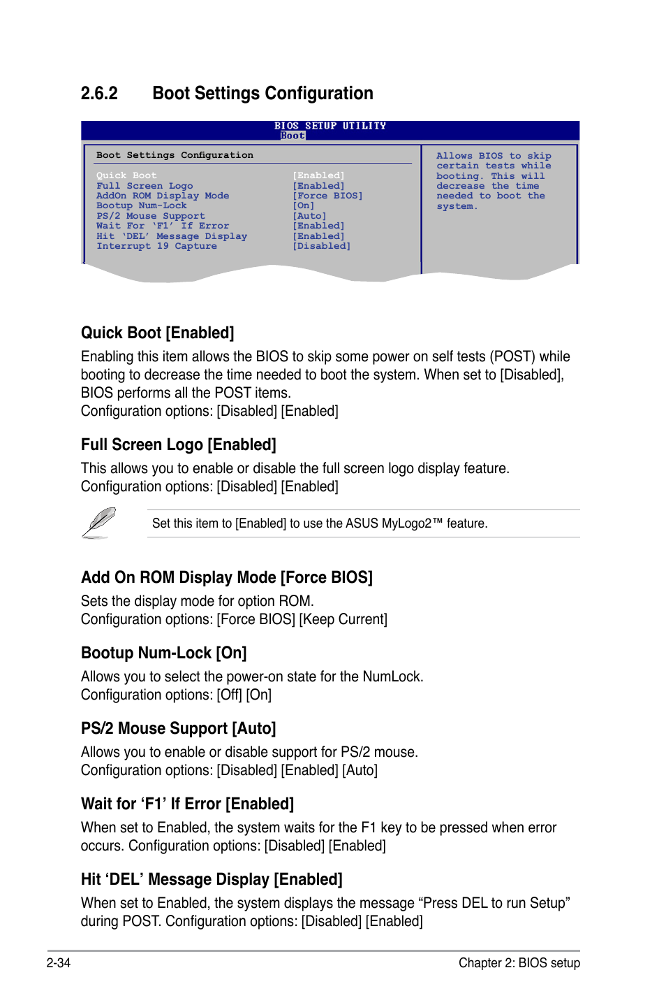 2 boot settings configuration, Quick boot [enabled, Full screen logo [enabled | Add on rom display mode [force bios, Bootup num-lock [on, Ps/2 mouse support [auto, Wait for ‘f1’ if error [enabled, Hit ‘del’ message display [enabled | Asus P5GC-MX/GBL User Manual | Page 80 / 96