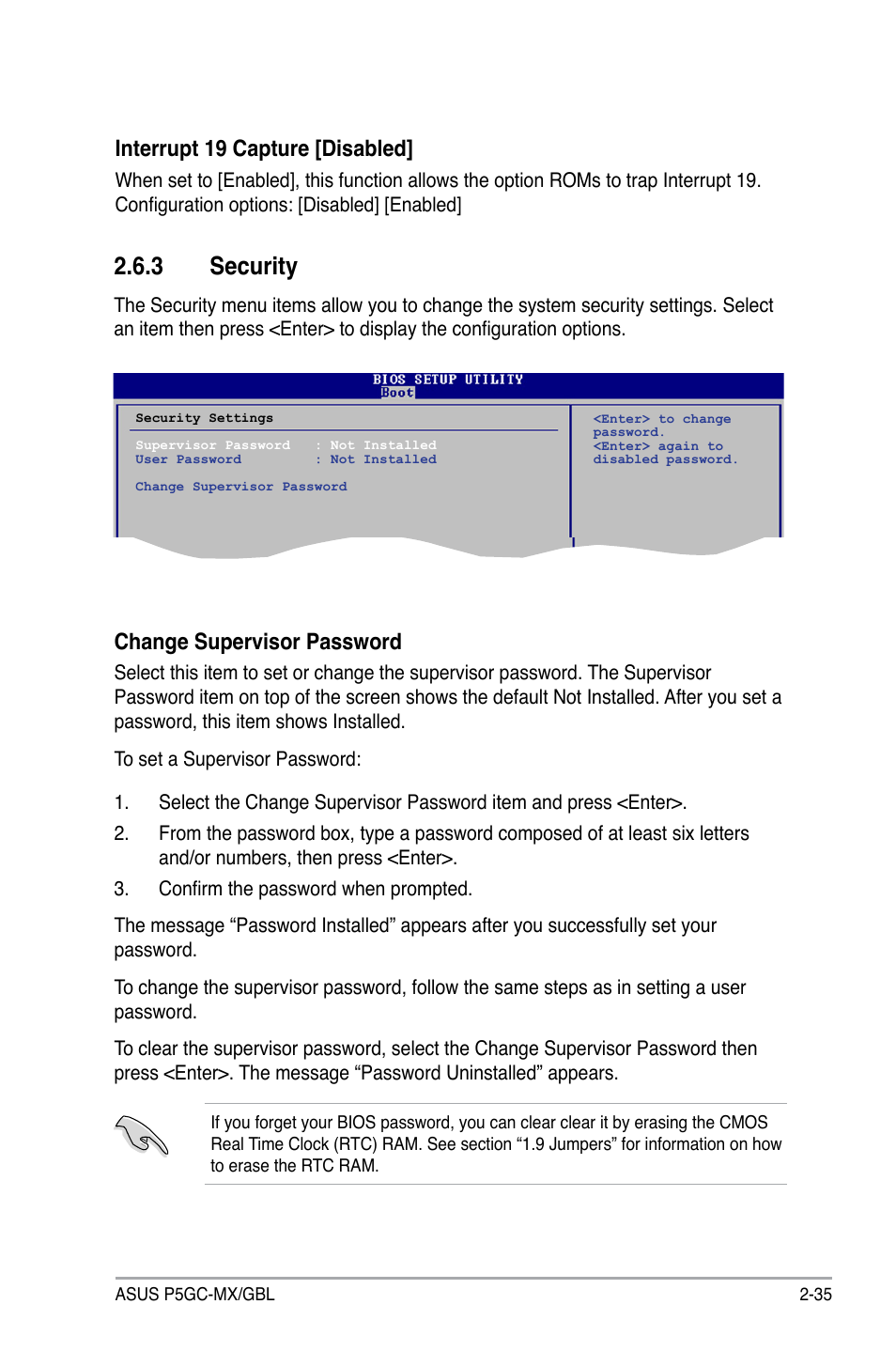 3 security, Interrupt 19 capture [disabled, Change supervisor password | Asus P5GC-MX/GBL User Manual | Page 81 / 96