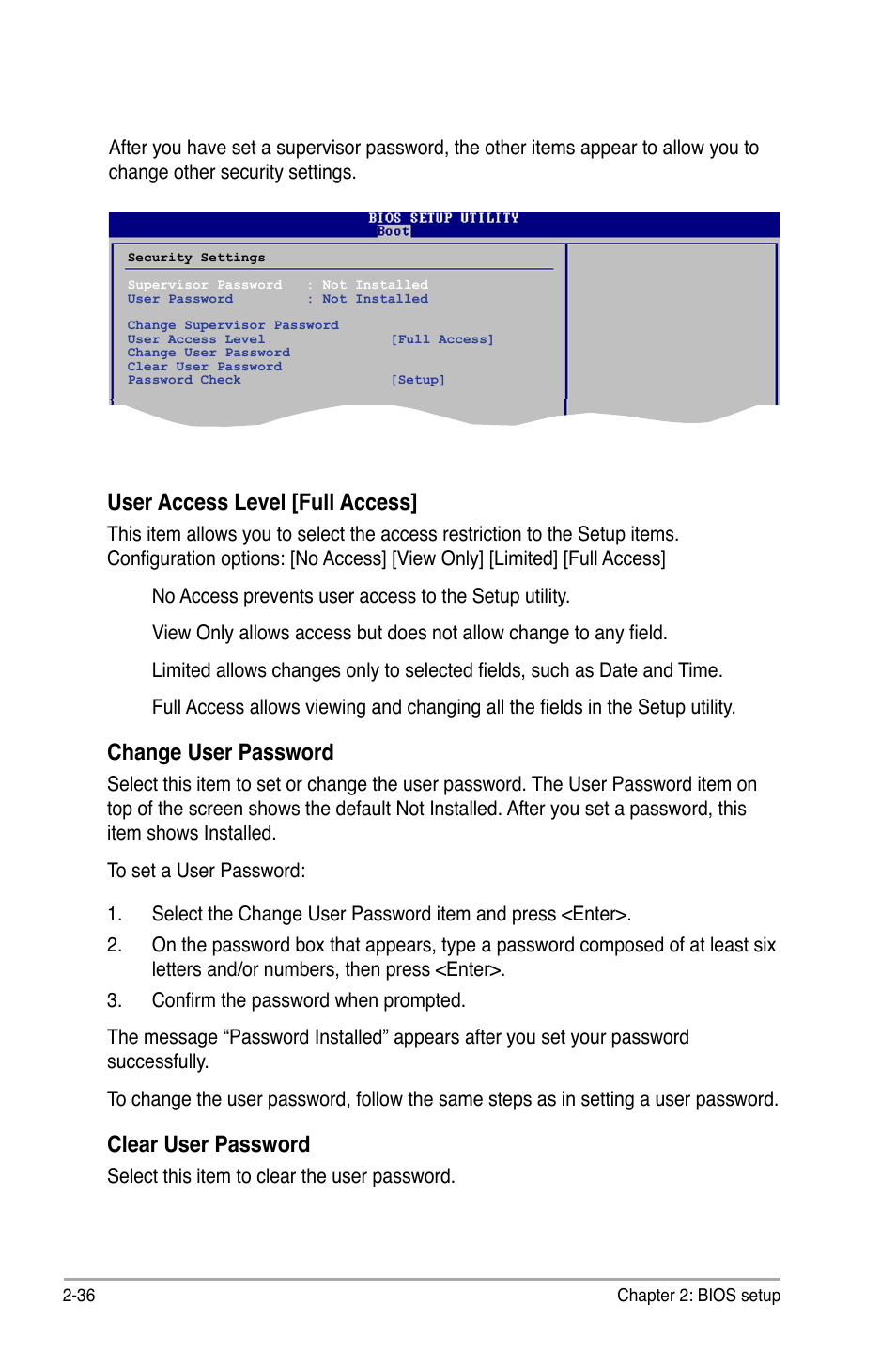 User access level [full access, Change user password, Clear user password | Asus P5GC-MX/GBL User Manual | Page 82 / 96