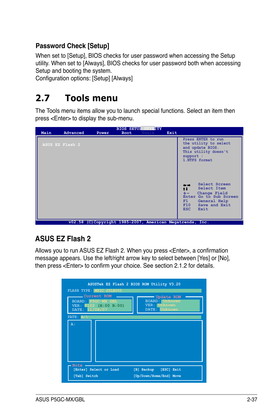 7 tools menu, Asus ez flash 2, Password check [setup | Asus P5GC-MX/GBL User Manual | Page 83 / 96