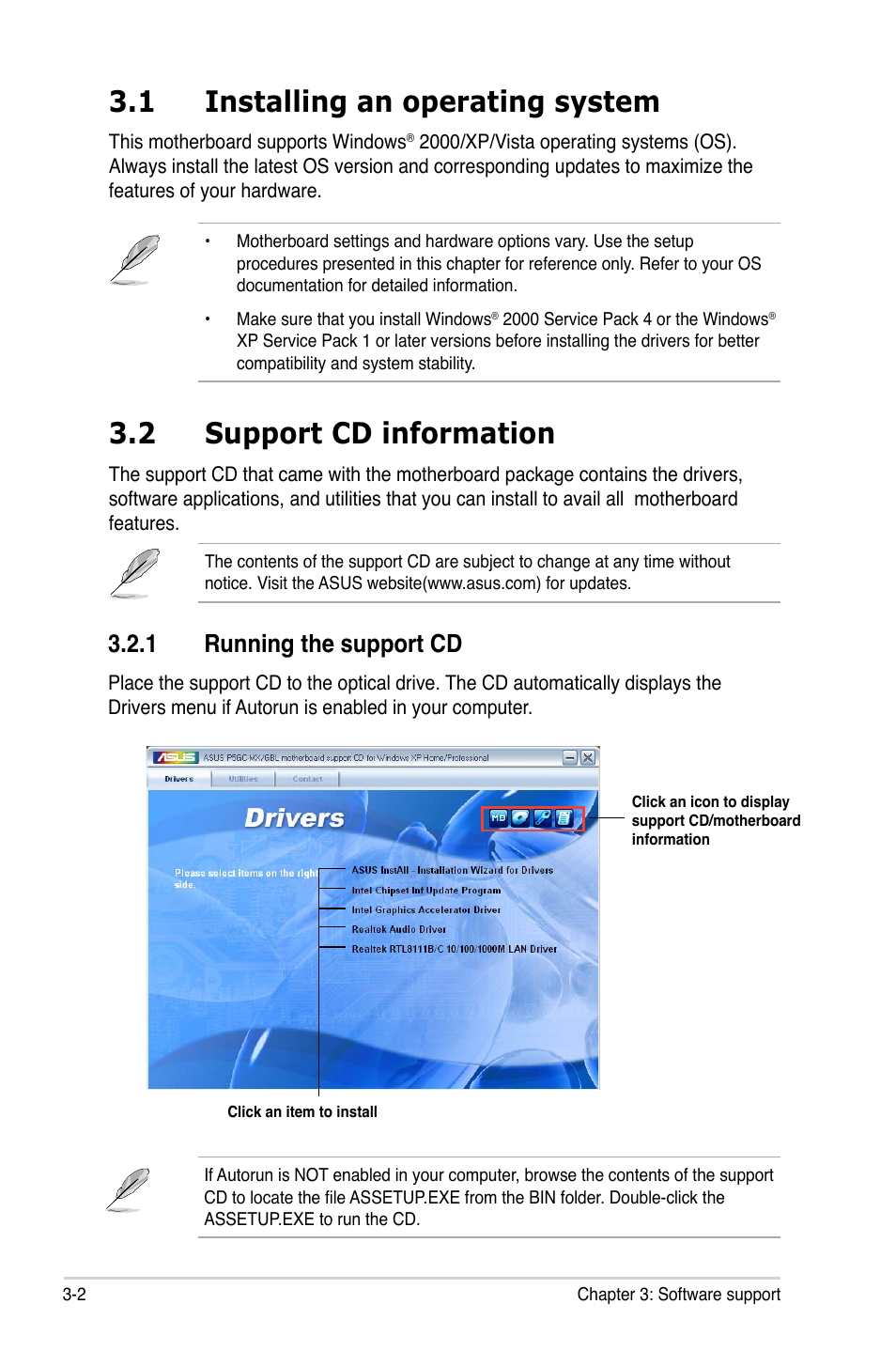 1 installing an operating system, 2 support cd information, 1 running the support cd | Asus P5GC-MX/GBL User Manual | Page 88 / 96