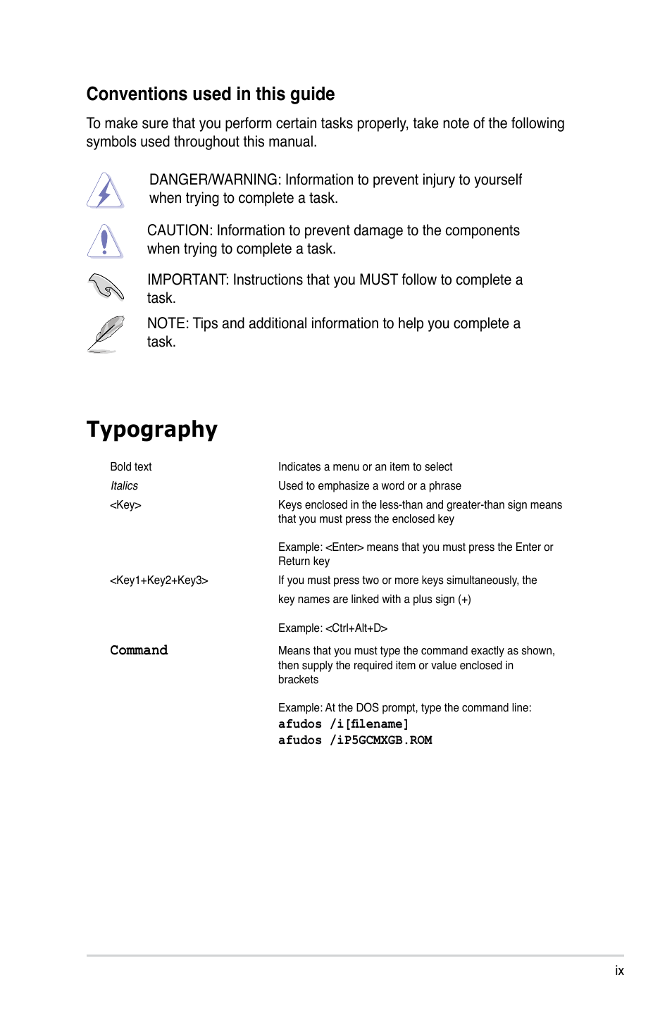 Typography, Conventions used in this guide | Asus P5GC-MX/GBL User Manual | Page 9 / 96