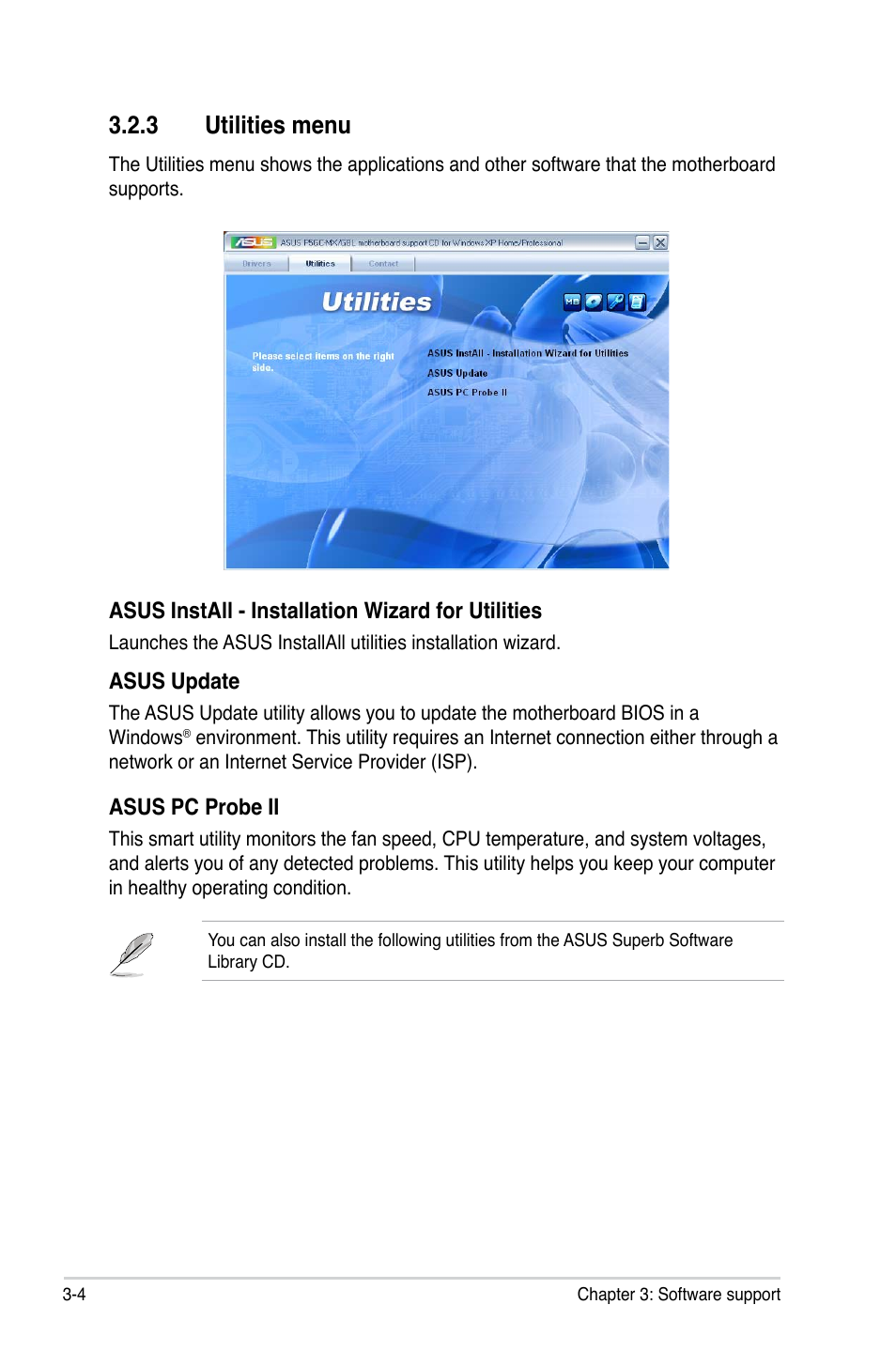 3 utilities menu | Asus P5GC-MX/GBL User Manual | Page 90 / 96