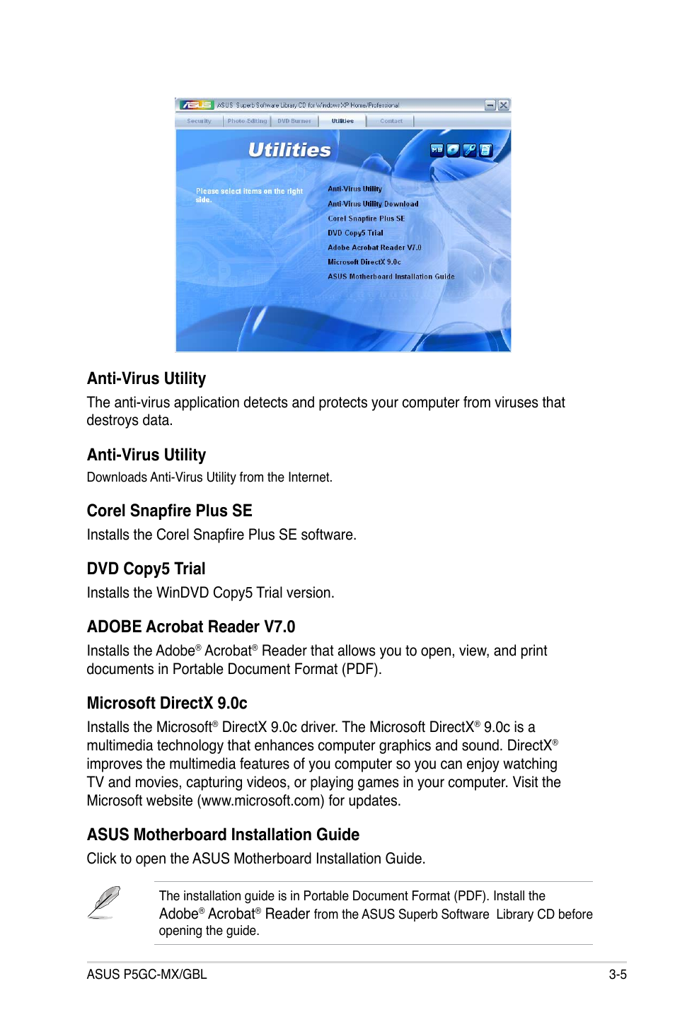 Anti-virus utility, Corel snapfire plus se, Dvd copy5 trial | Adobe acrobat reader v7.0, Microsoft directx 9.0c, Asus motherboard installation guide | Asus P5GC-MX/GBL User Manual | Page 91 / 96