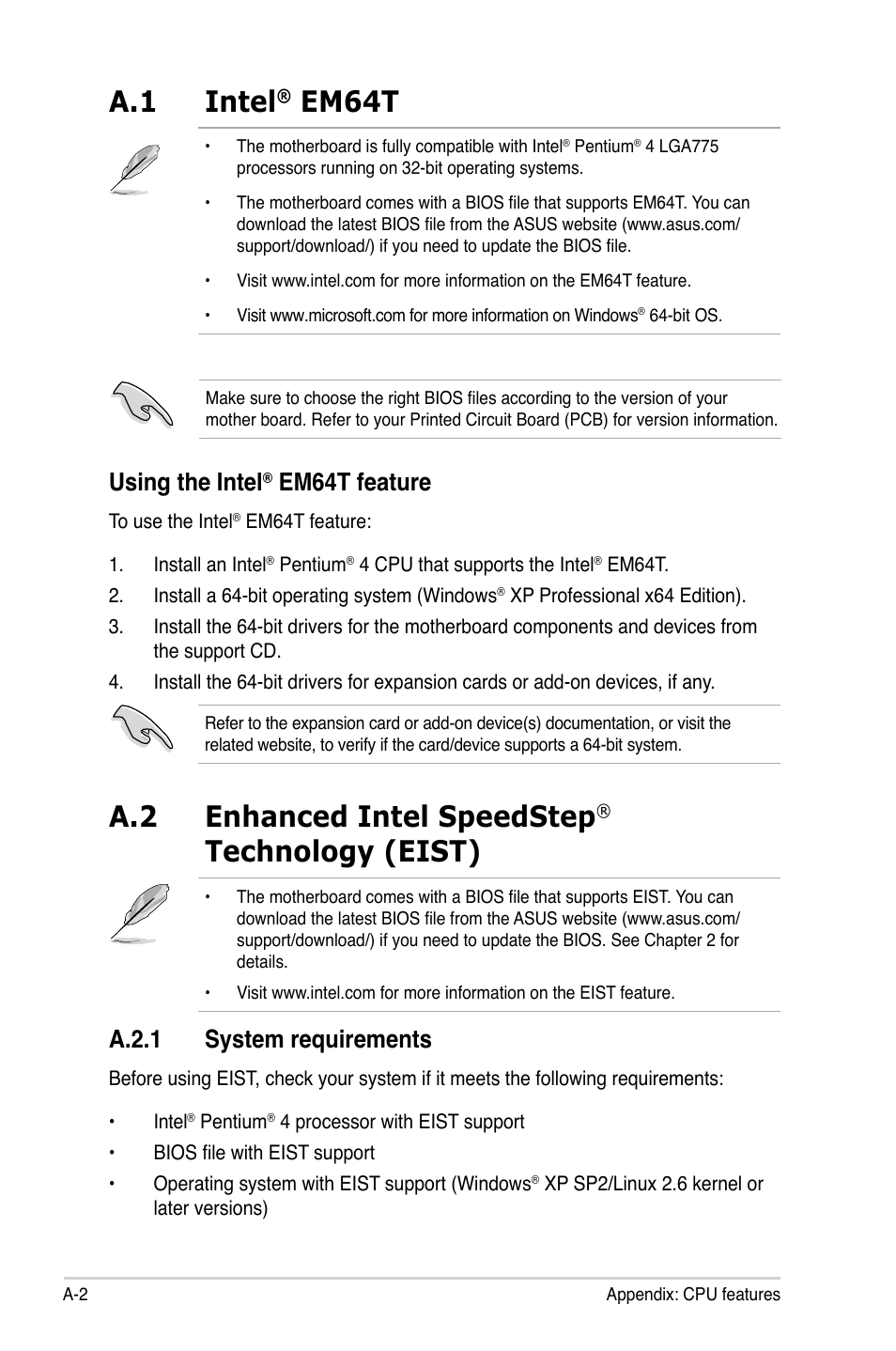 A.1 intel, Em64t, A.2 enhanced intel speedstep | Technology (eist), Using the intel, Em64t feature, A.2.1 system requirements | Asus P5GC-MX/GBL User Manual | Page 94 / 96