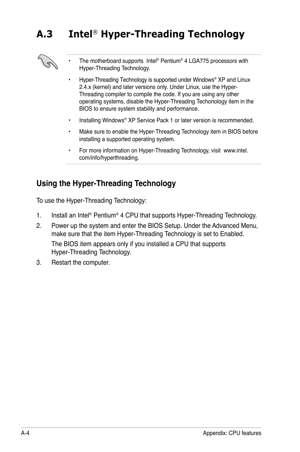 A.3 intel, Hyper-threading technology, Using the hyper-threading technology | Asus P5GC-MX/GBL User Manual | Page 96 / 96