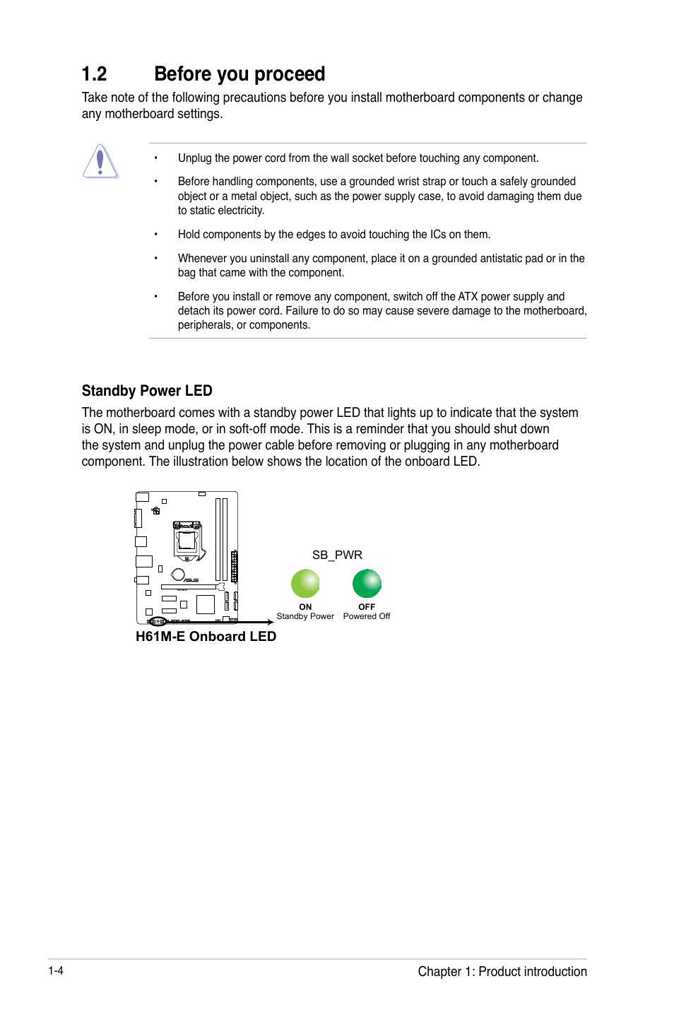 2 before you proceed, 2 before you proceed -4, Standby power led | Asus H61M-E User Manual | Page 12 / 72