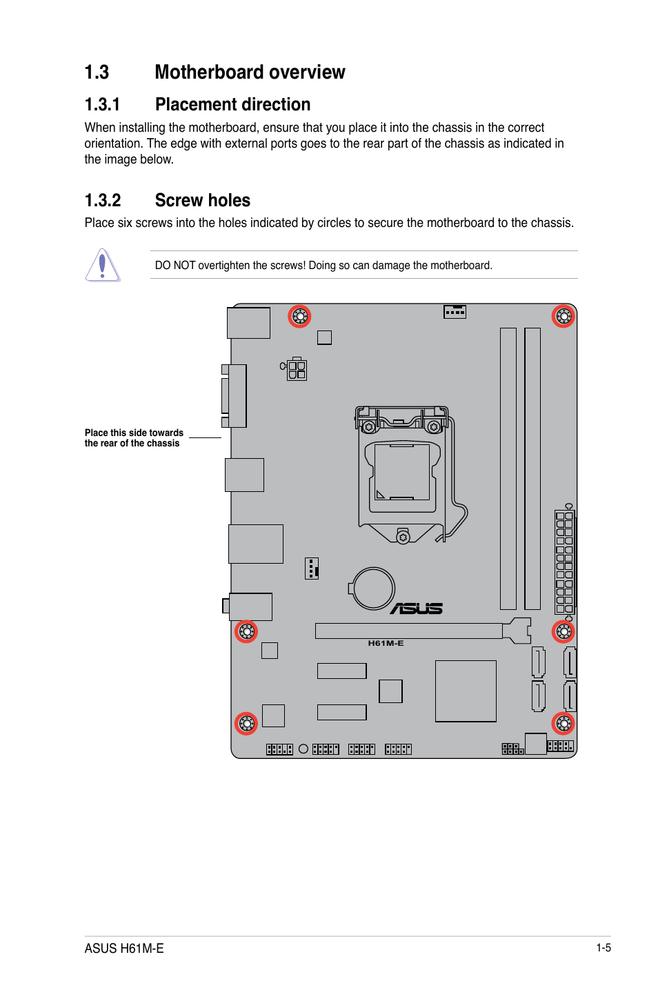 3 motherboard overview, 3 motherboard overview -5, 1 placement direction | 2 screw holes | Asus H61M-E User Manual | Page 13 / 72