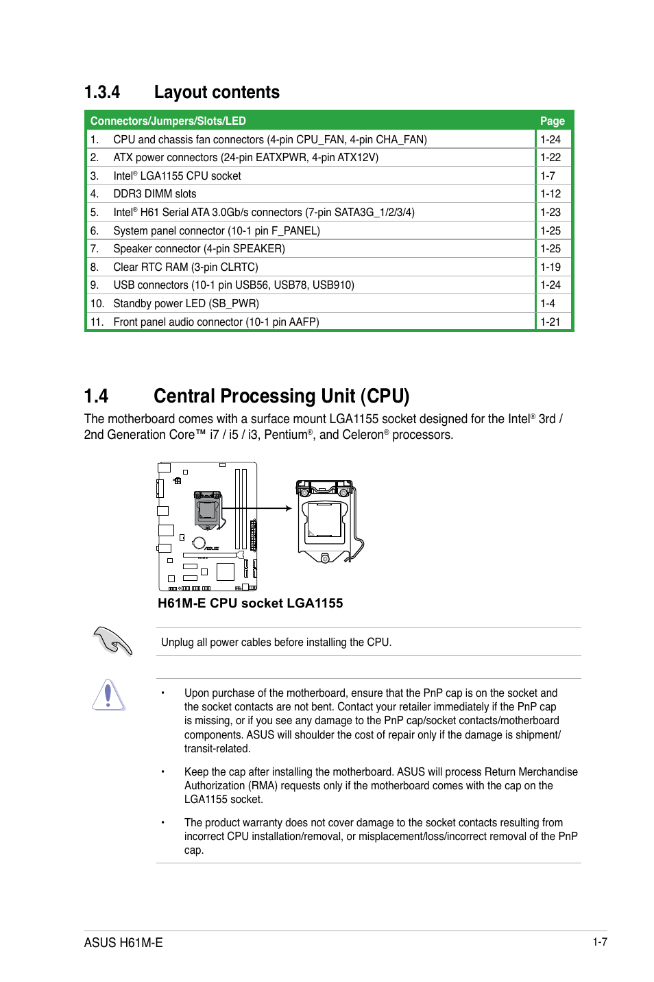 4 central processing unit (cpu), 4 central processing unit (cpu) -7, 4 layout contents | Asus H61M-E User Manual | Page 15 / 72