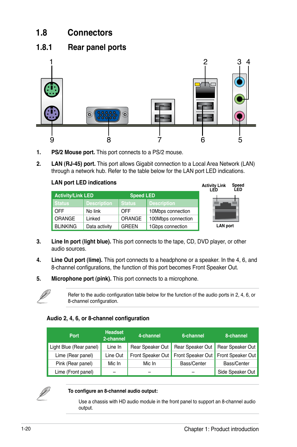 8 connectors, 8 connectors -20, 1 rear panel ports | Asus H61M-E User Manual | Page 28 / 72