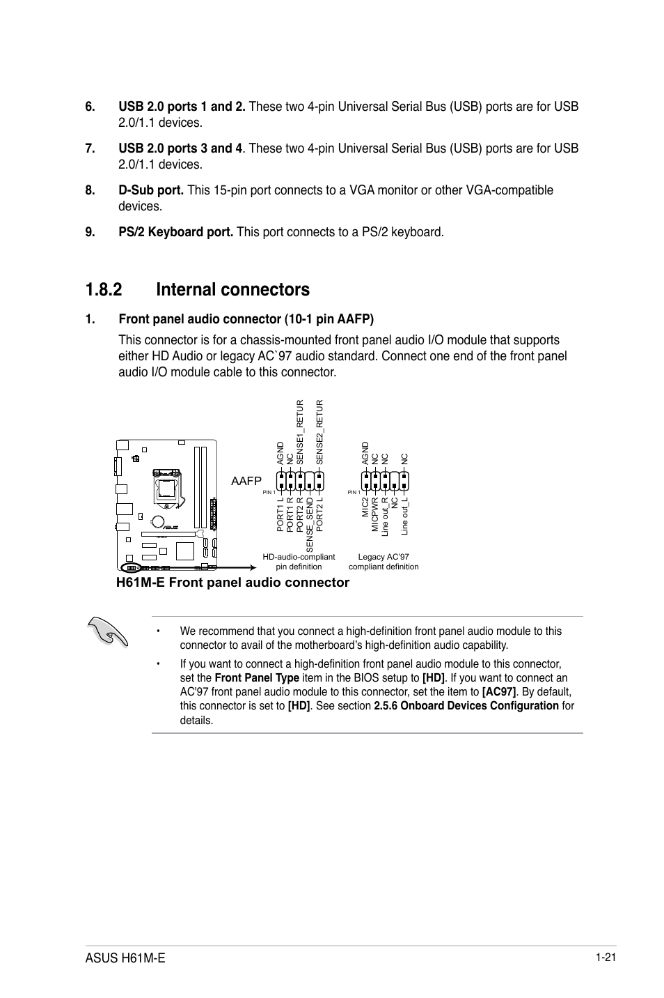 2 internal connectors, H61m-e front panel audio connector, Asus h61m-e | Asus H61M-E User Manual | Page 29 / 72