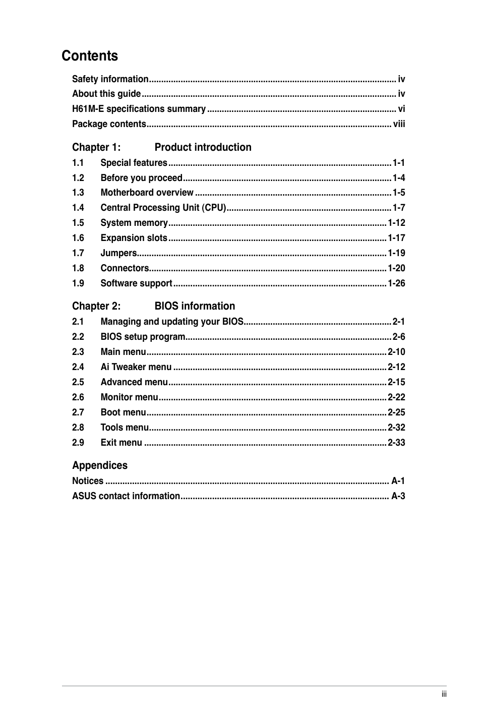 Asus H61M-E User Manual | Page 3 / 72