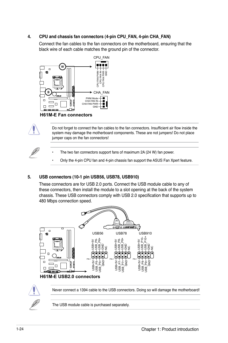 H61m-e fan connectors, H61m-e usb2.0 connectors, Chapter 1: product introduction | Asus H61M-E User Manual | Page 32 / 72