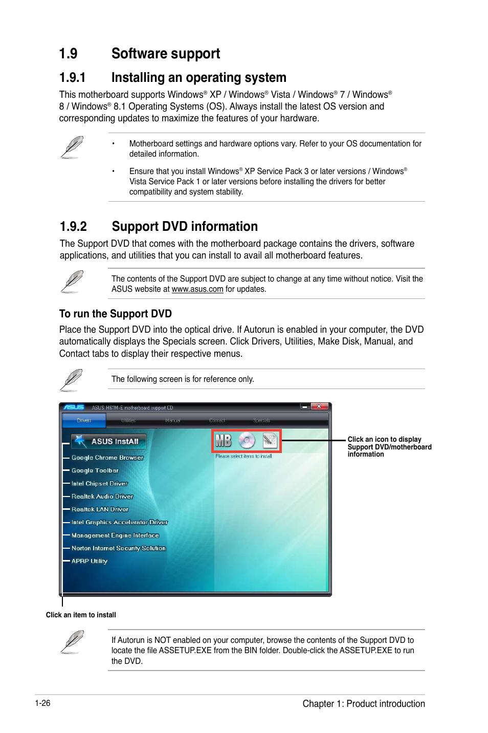 9 software support, 9 software support -26, 1 installing an operating system | 2 support dvd information | Asus H61M-E User Manual | Page 34 / 72