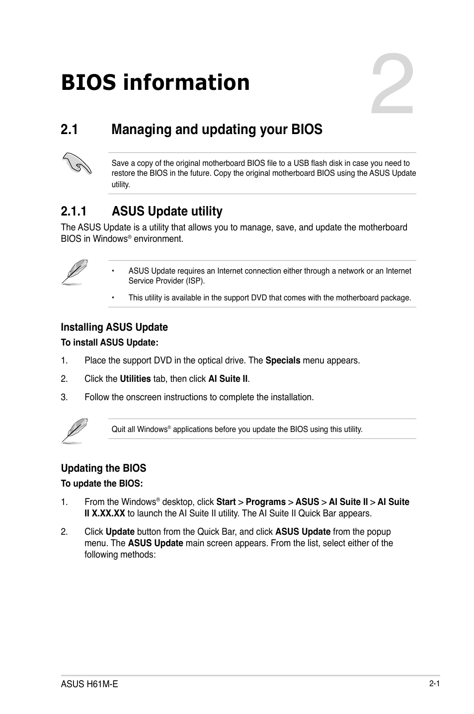 Chapter 2: bios information, 1 managing and updating your bios, Bios information | 1 managing and updating your bios -1 | Asus H61M-E User Manual | Page 35 / 72