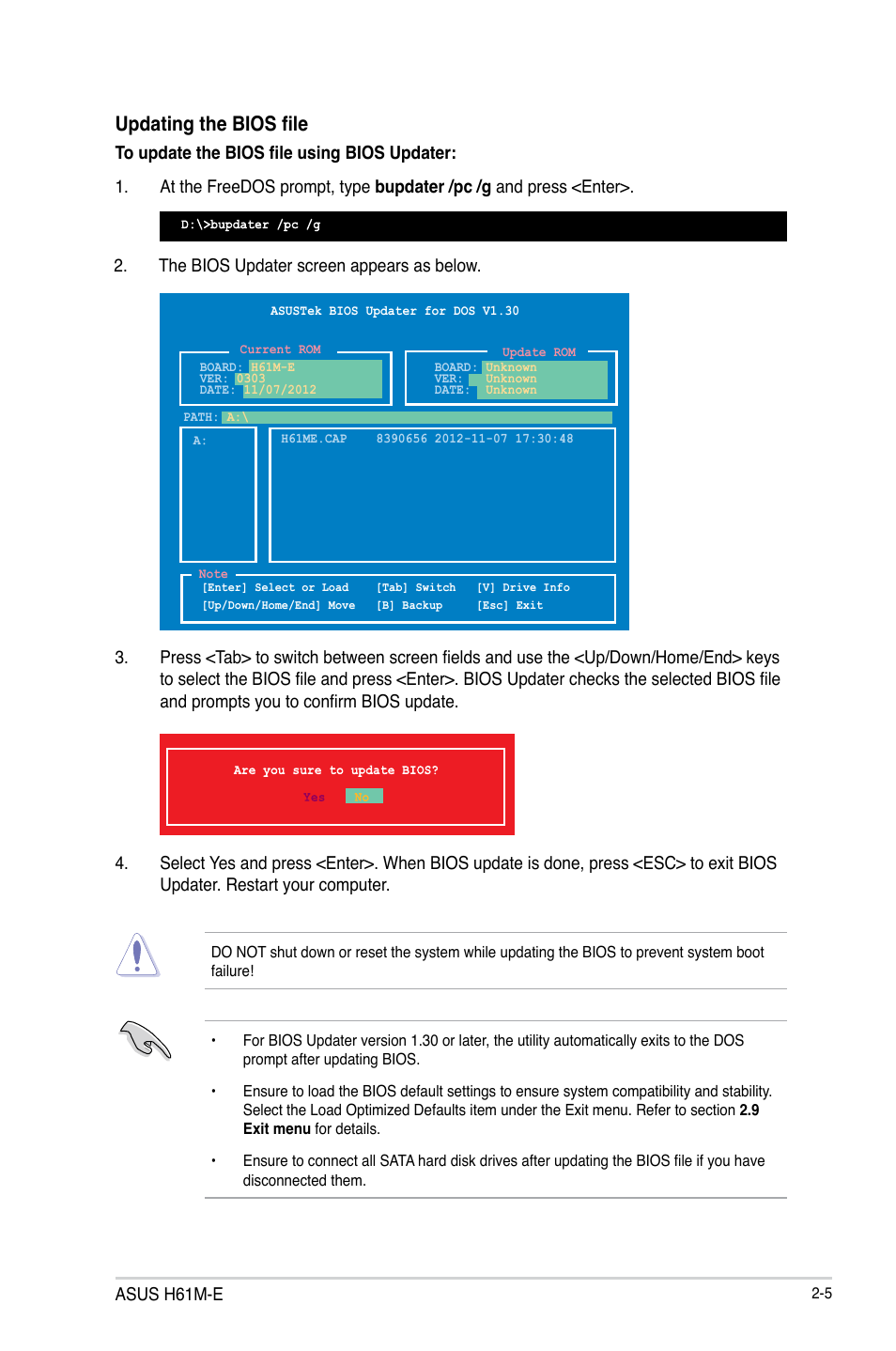 Updating the bios file | Asus H61M-E User Manual | Page 39 / 72