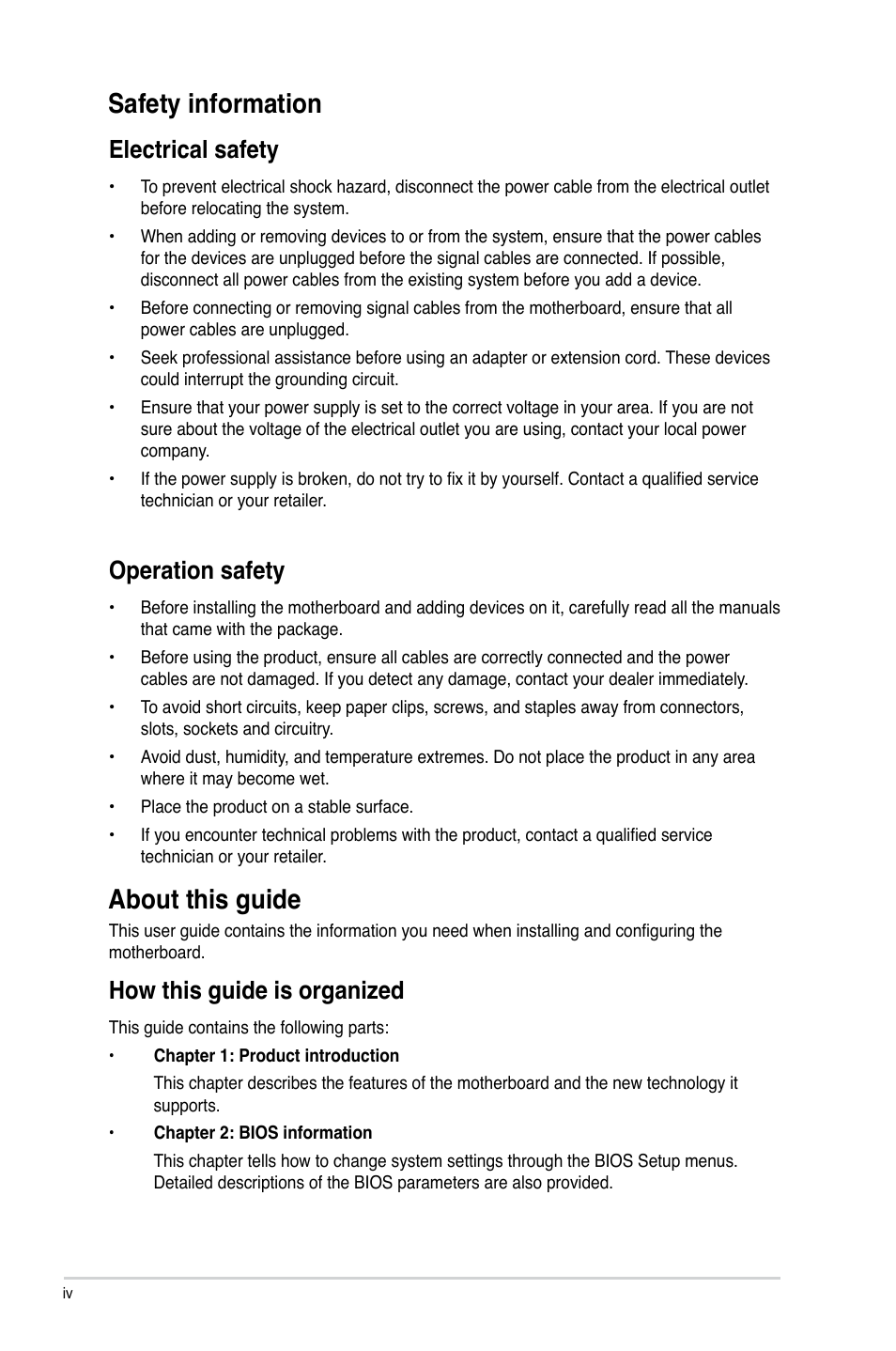 Safety information, About this guide, Electrical safety | Operation safety, How this guide is organized | Asus H61M-E User Manual | Page 4 / 72