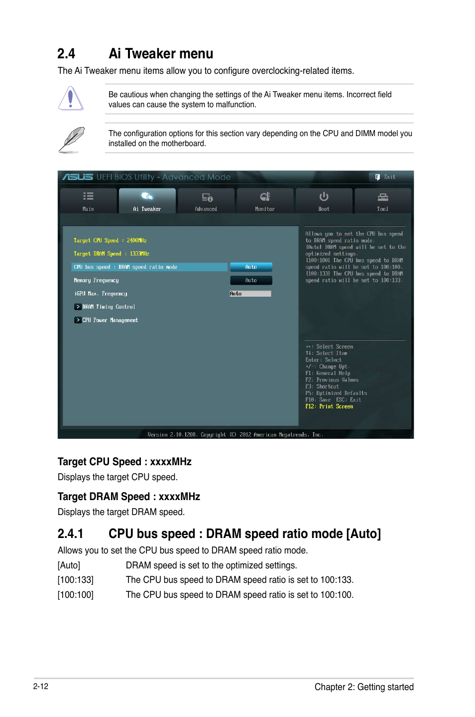 4 ai tweaker menu, 4 ai tweaker menu -12, 1 cpu bus speed : dram speed ratio mode [auto | Asus H61M-E User Manual | Page 46 / 72