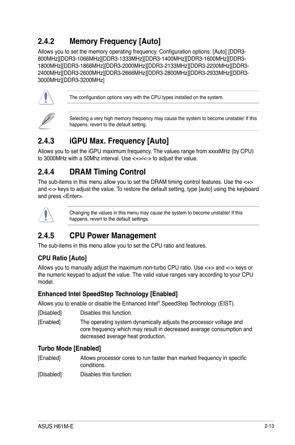 3 igpu max. frequency [auto, 4 dram timing control, 5 cpu power management | Asus H61M-E User Manual | Page 47 / 72