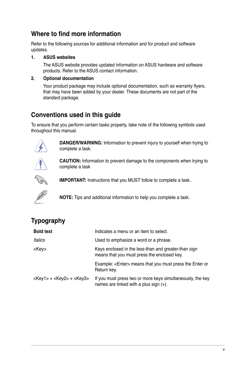 Where to find more information, Conventions used in this guide, Typography | Asus H61M-E User Manual | Page 5 / 72