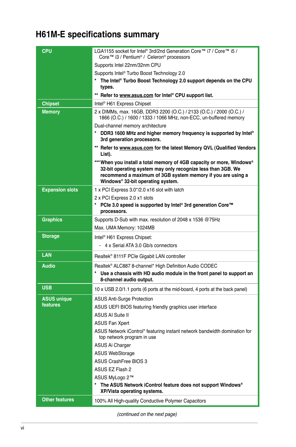 H61m-e specifications summary | Asus H61M-E User Manual | Page 6 / 72