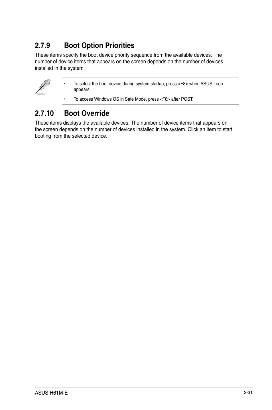 9 boot option priorities, 10 boot override | Asus H61M-E User Manual | Page 65 / 72