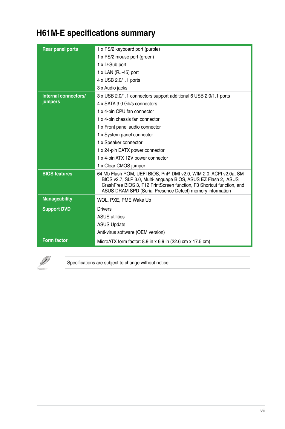 H61m-e specifications summary | Asus H61M-E User Manual | Page 7 / 72