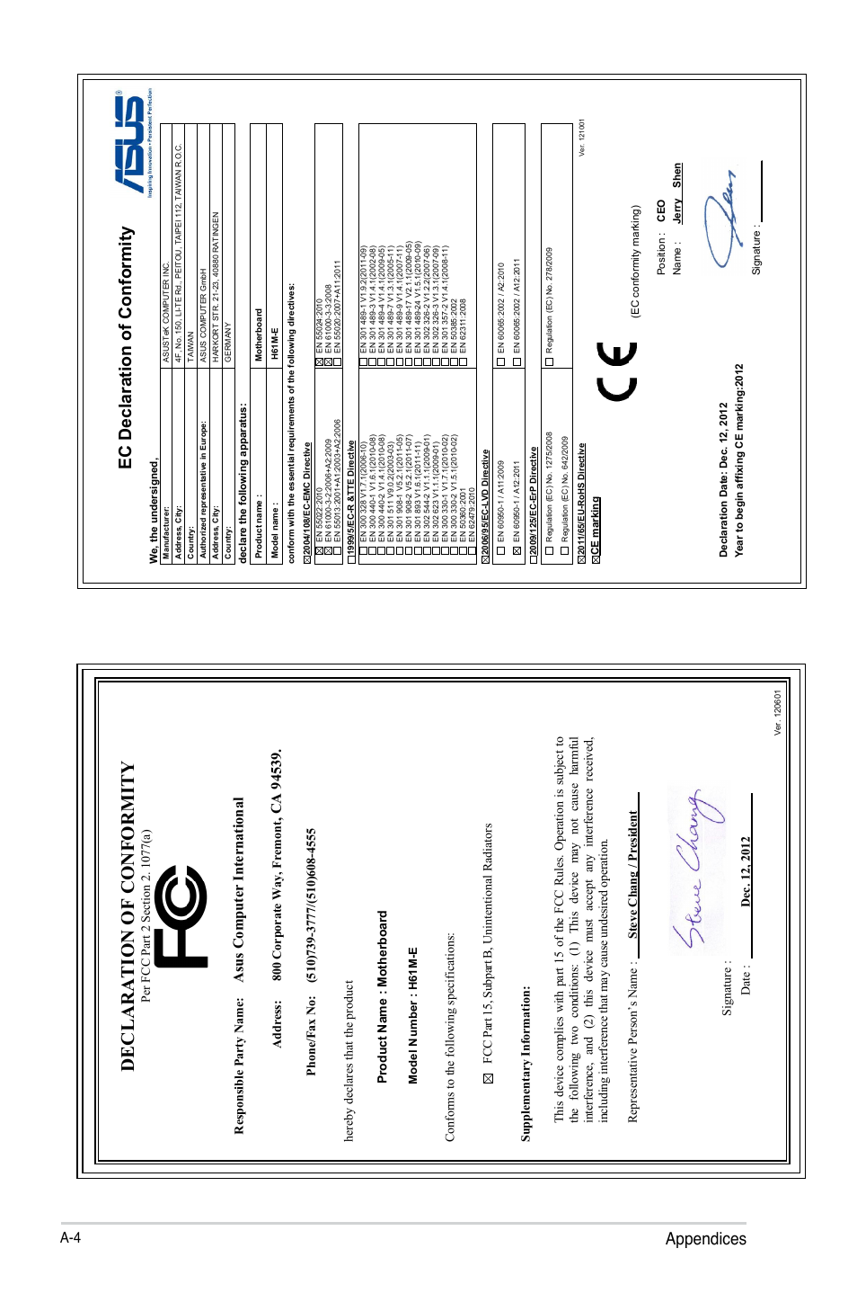 Declaration of conformity, Appendices, Ec declaration of conformity | Asu s c om pu te r in te rn at io na l, Address: 800 corporate way, fremont, He re by d ec la re s t ha t t he p ro du ct | Asus H61M-E User Manual | Page 72 / 72