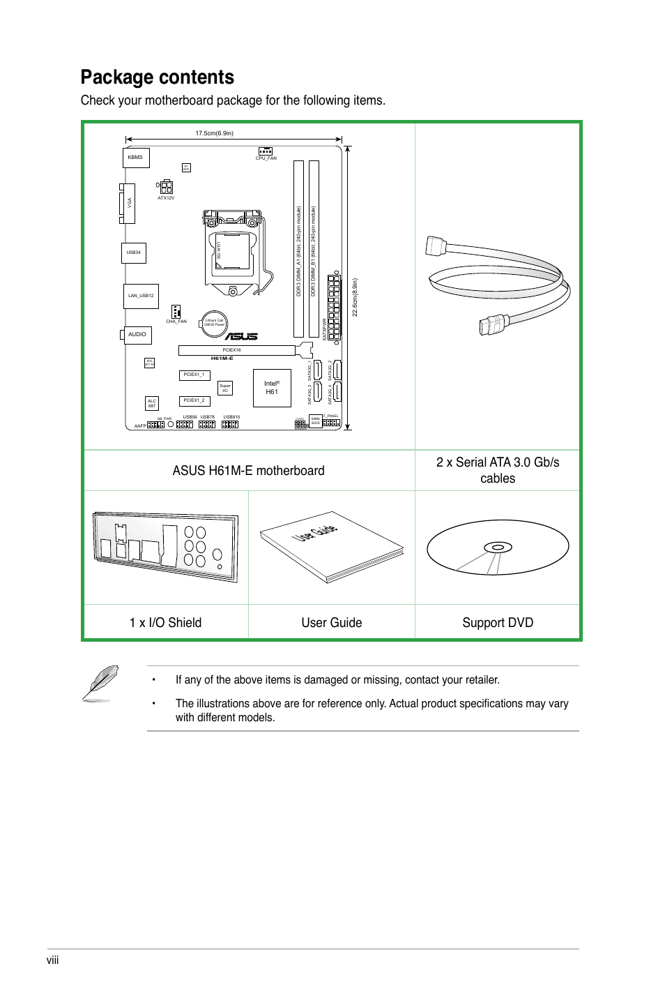 Package contents, User guide, 1 x i/o shield user guide support dvd | Viii | Asus H61M-E User Manual | Page 8 / 72