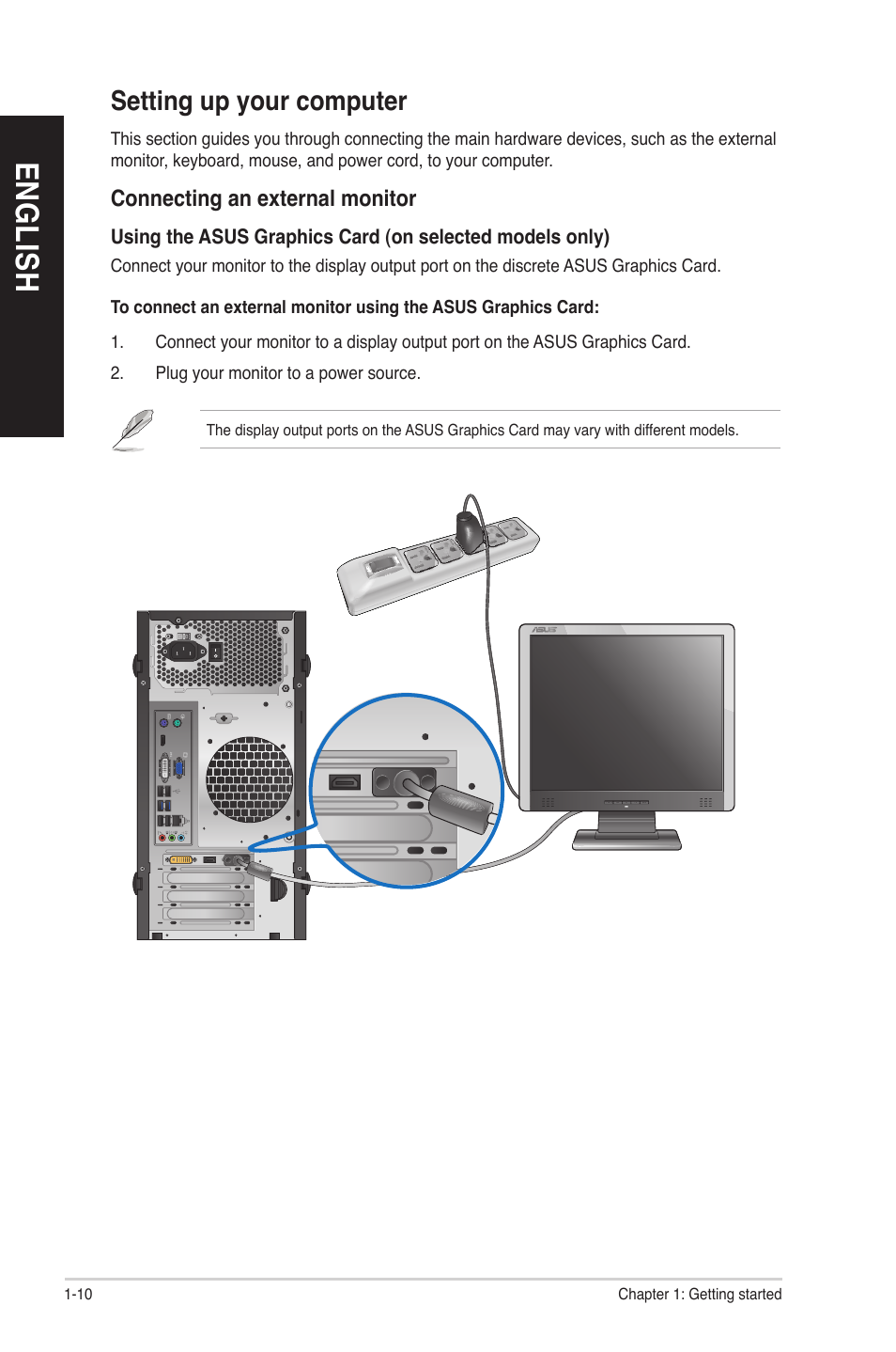 English, Setting up your computer, Connecting an external monitor | Asus BP6260 User Manual | Page 18 / 64