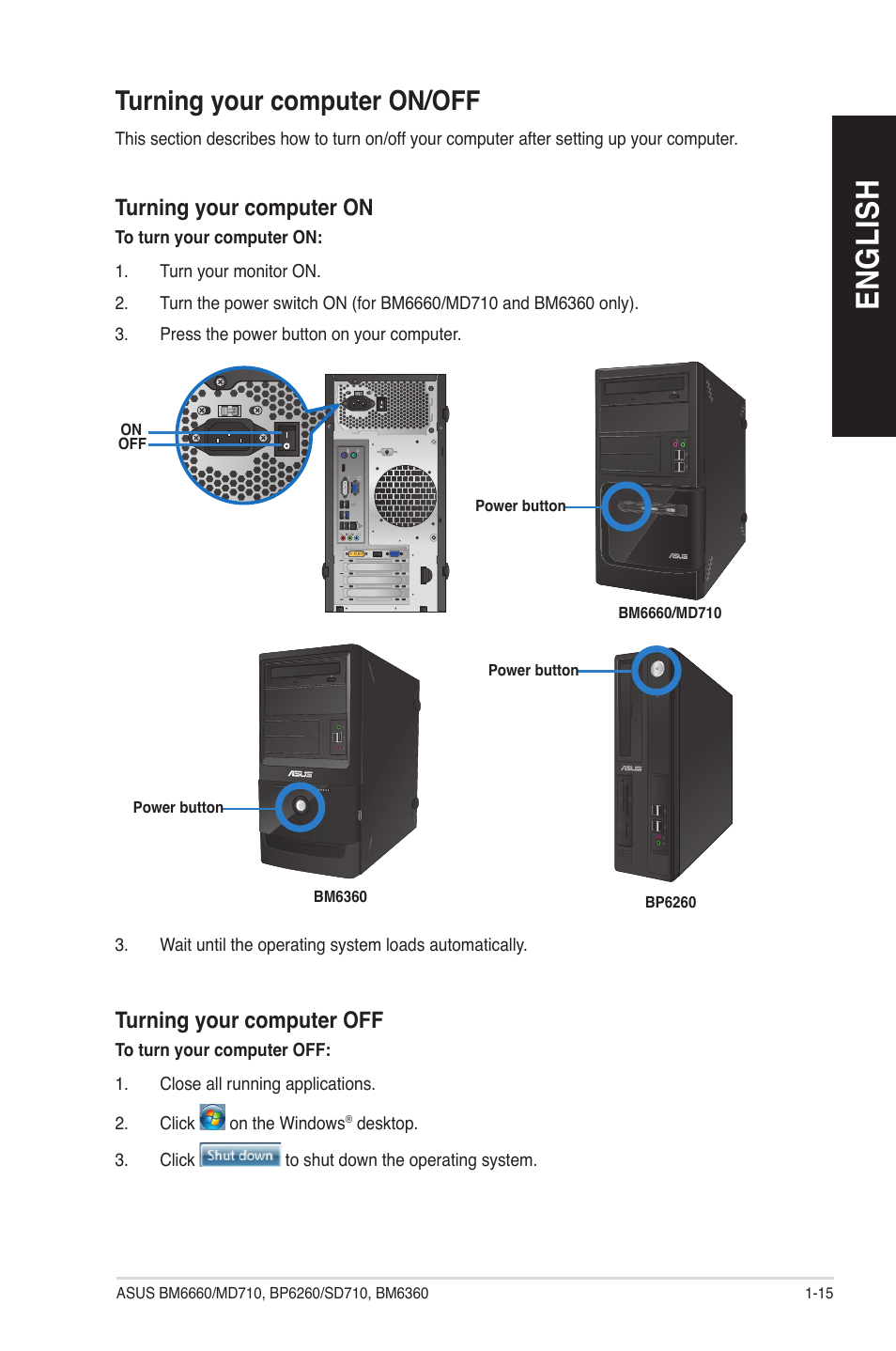 English, Turning your computer on/off, Turning your computer on | Turning your computer off | Asus BP6260 User Manual | Page 23 / 64