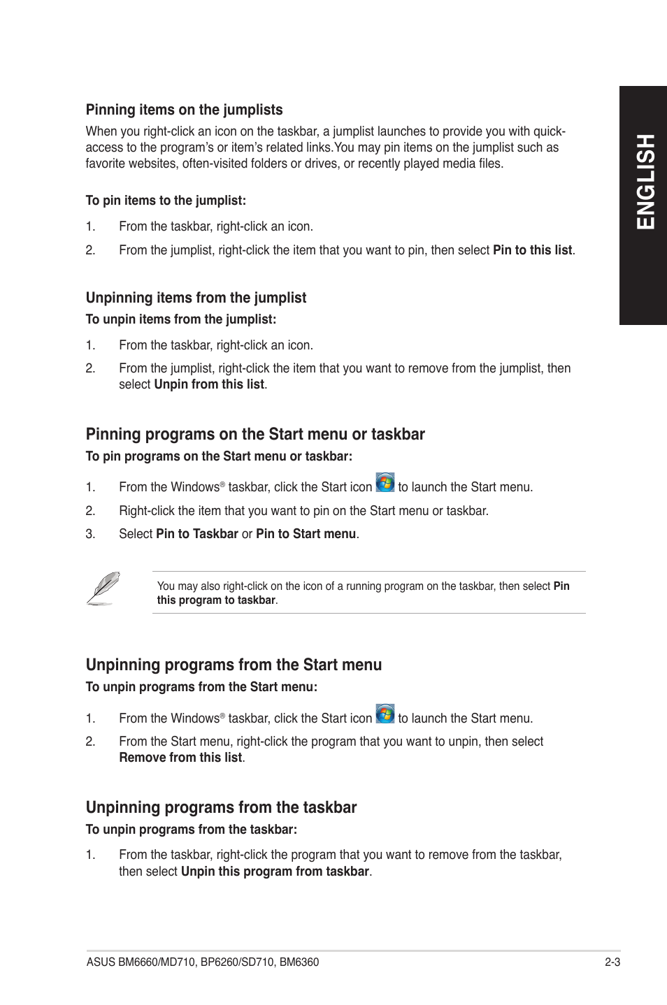 English, Pinning programs on the start menu or taskbar, Unpinning programs from the start menu | Unpinning programs from the taskbar | Asus BP6260 User Manual | Page 27 / 64