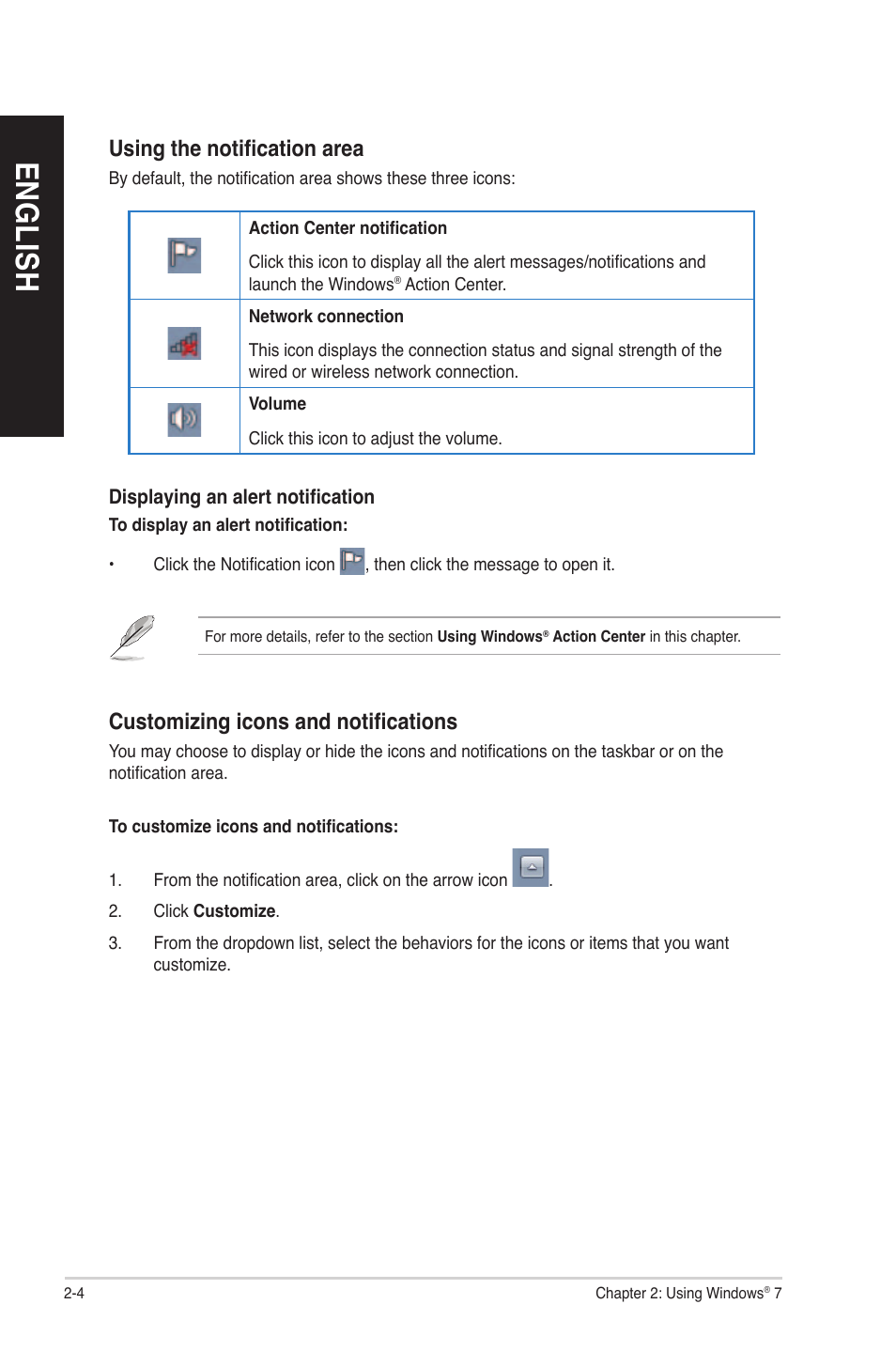 English, Using the notifi cation area, Customizing icons and notifi cations | Asus BP6260 User Manual | Page 28 / 64