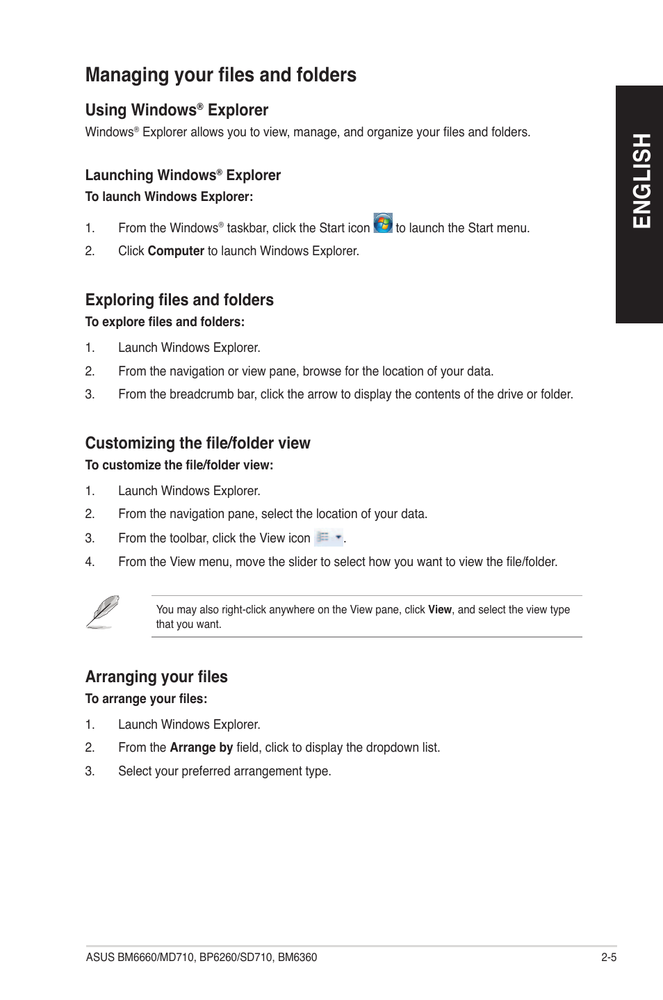 English, Managing your fi les and folders, Using windows | Explorer, Exploring fi les and folders, Customizing the fi le/folder view, Arranging your fi les | Asus BP6260 User Manual | Page 29 / 64