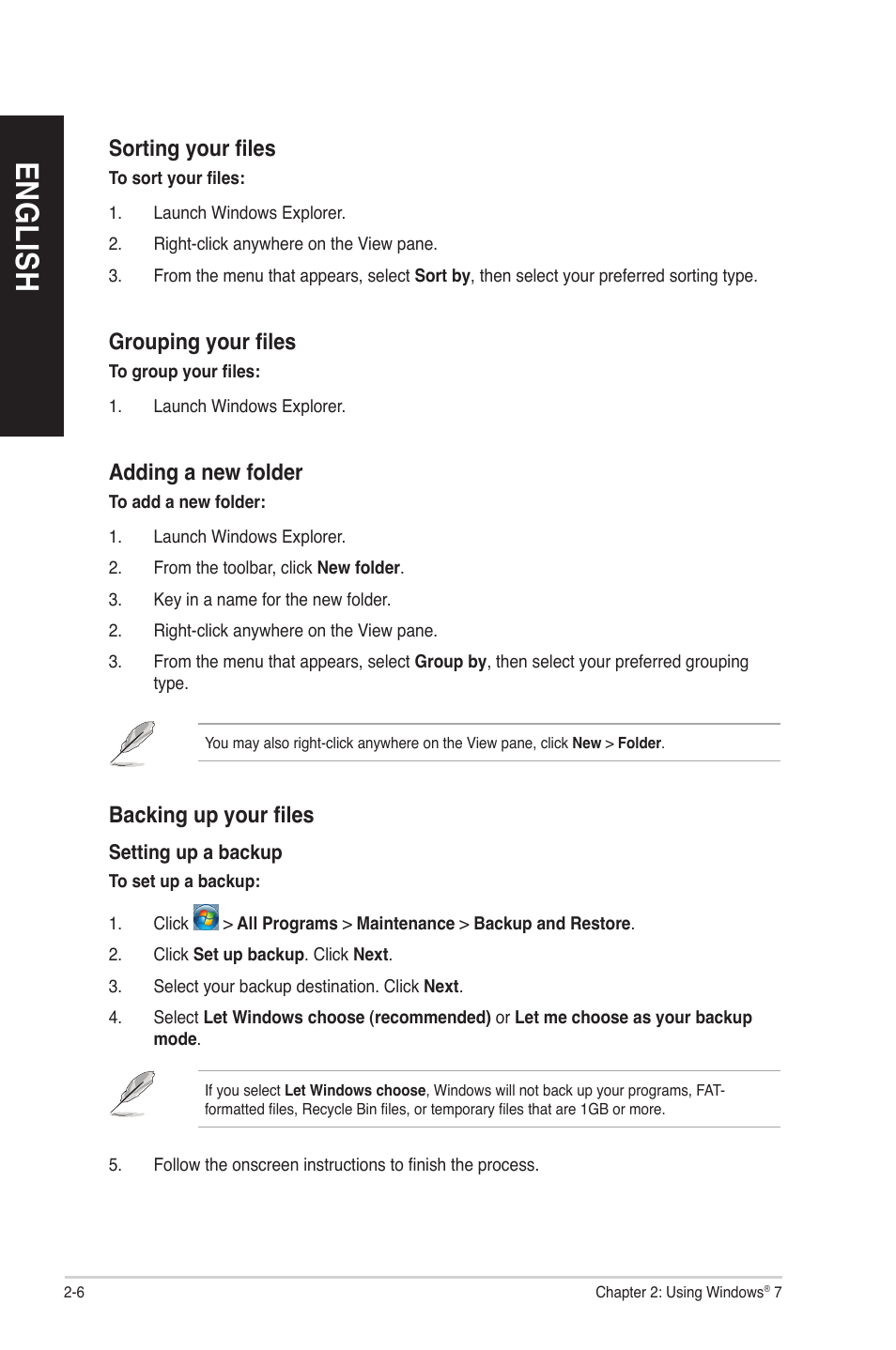 English, Sorting your fi les, Grouping your fi les | Adding a new folder, Backing up your fi les | Asus BP6260 User Manual | Page 30 / 64