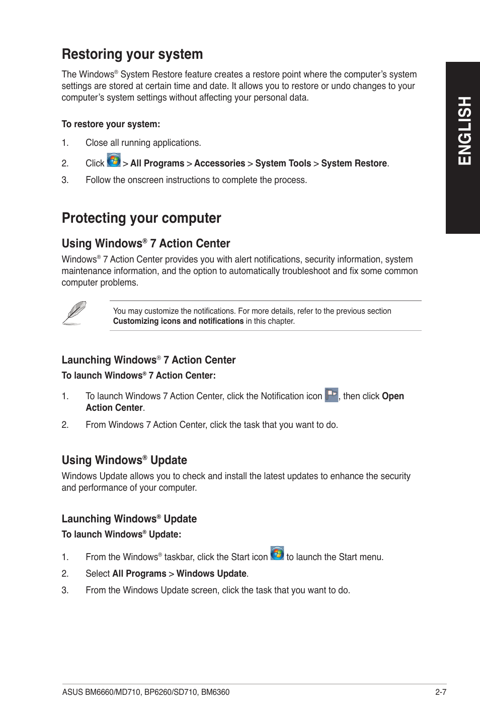 English, Restoring your system, Protecting your computer | Using windows, 7 action center, Update | Asus BP6260 User Manual | Page 31 / 64