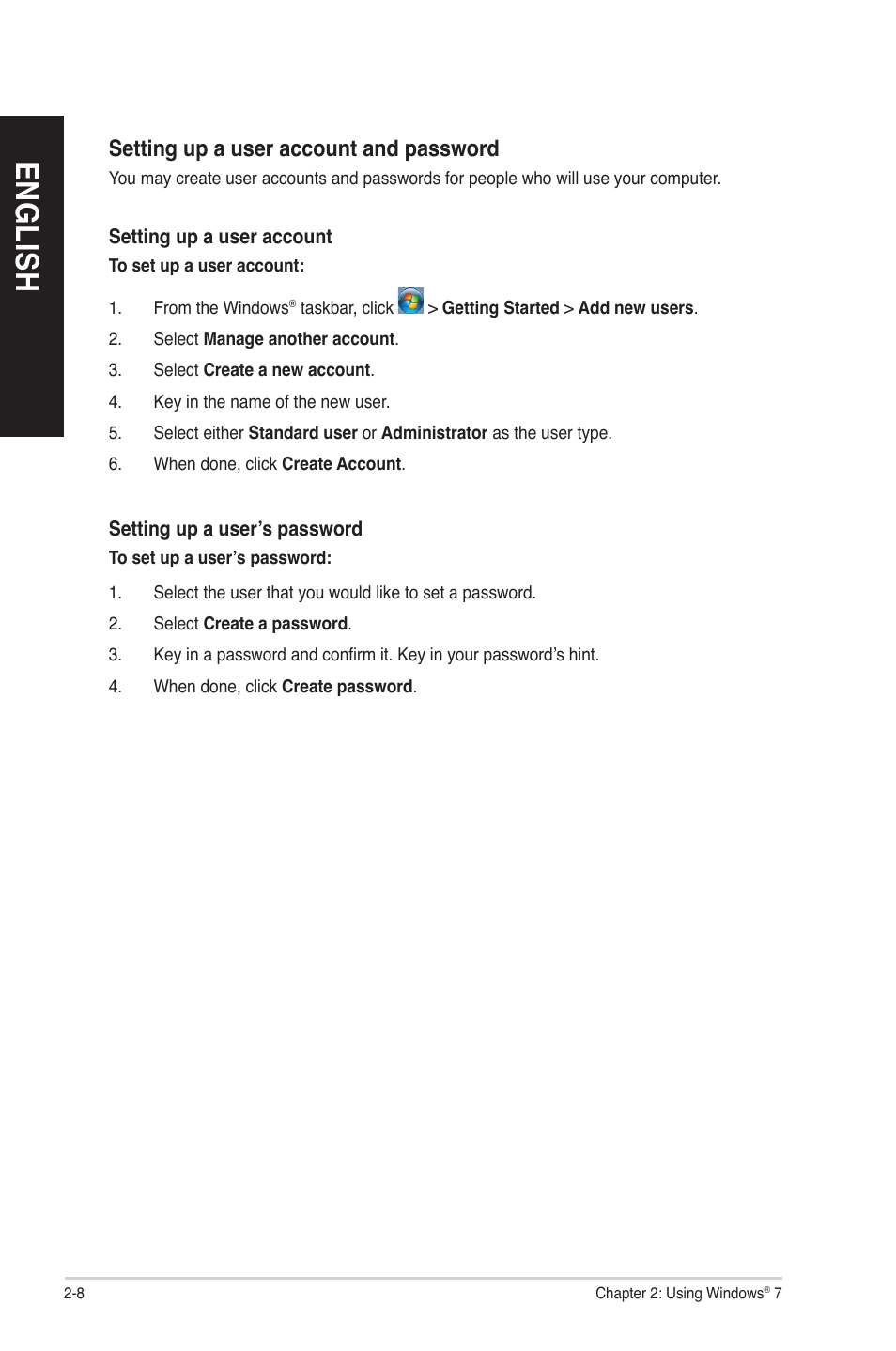 English, Setting up a user account and password | Asus BP6260 User Manual | Page 32 / 64