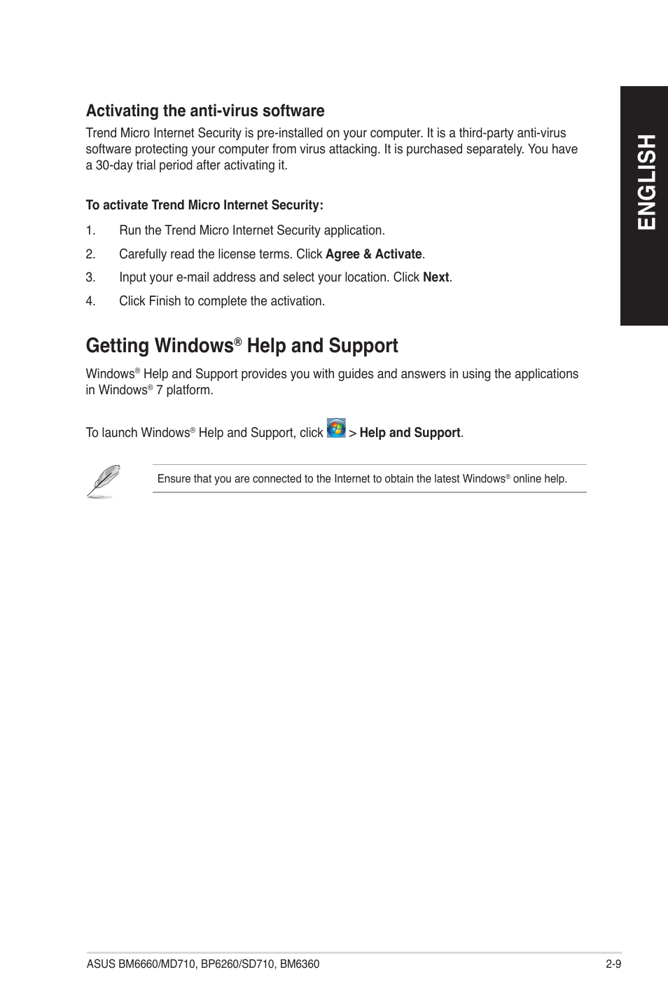 English, Getting windows, Help and support | Activating the anti-virus software | Asus BP6260 User Manual | Page 33 / 64