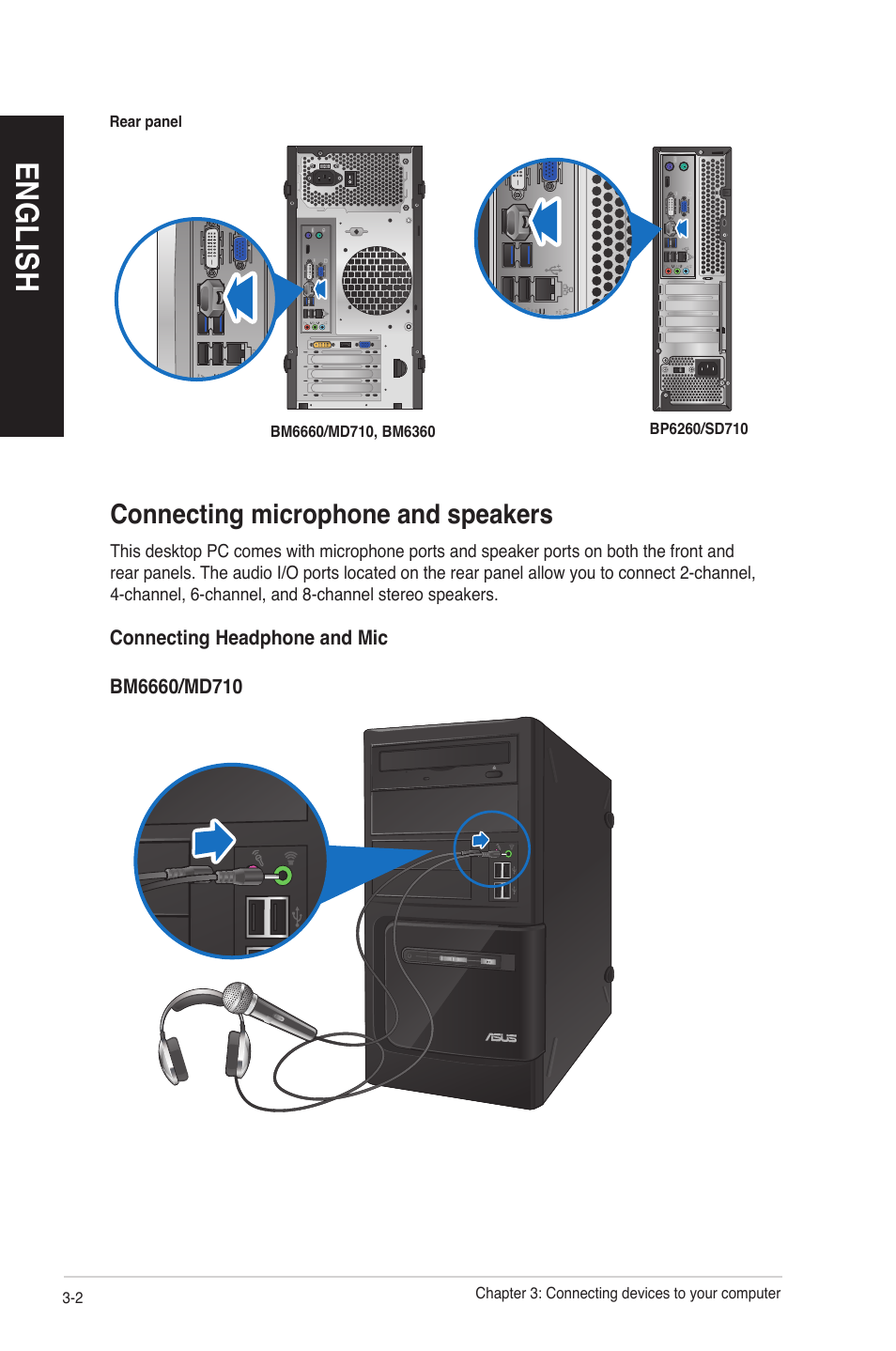 English, Connecting microphone and speakers | Asus BP6260 User Manual | Page 36 / 64