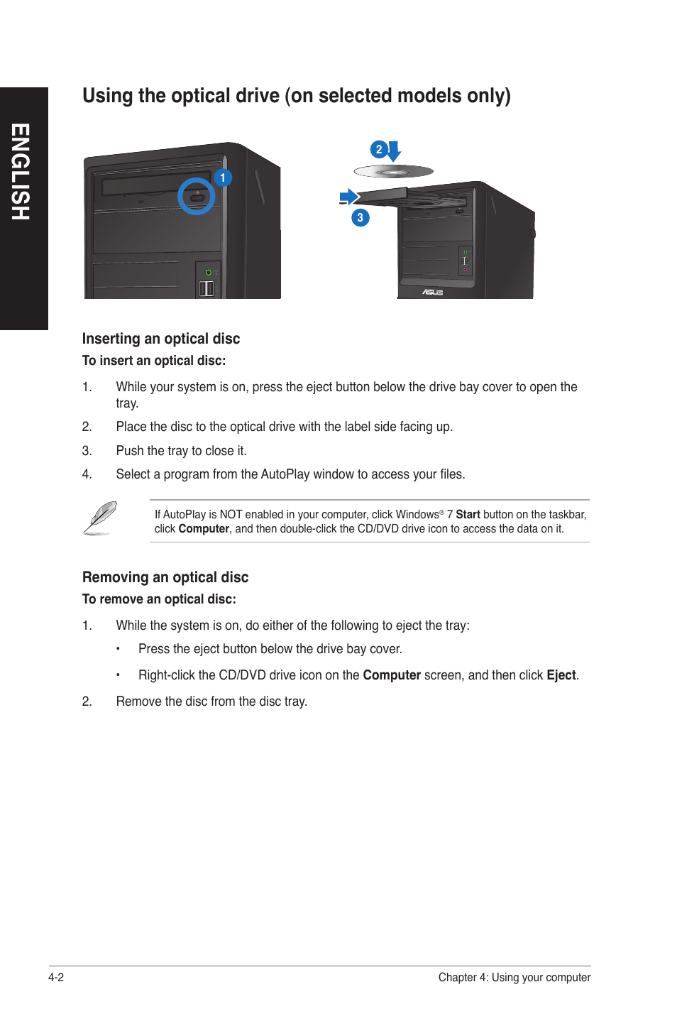 English, Using the optical drive (on selected models only) | Asus BP6260 User Manual | Page 42 / 64