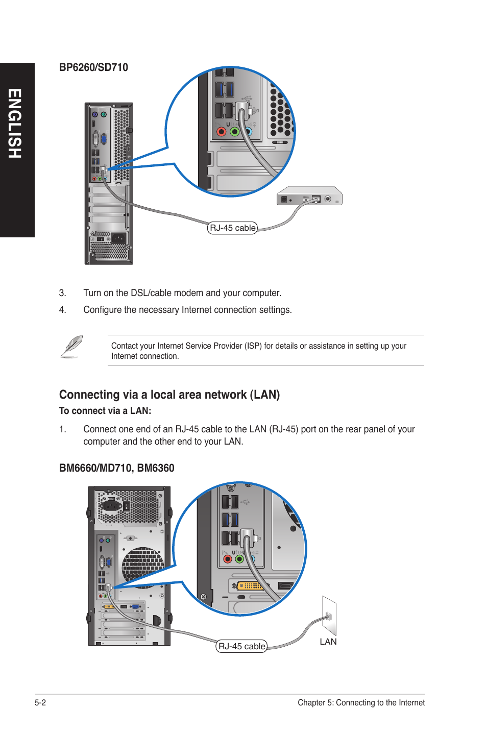 English, Connecting via a local area network (lan) | Asus BP6260 User Manual | Page 44 / 64