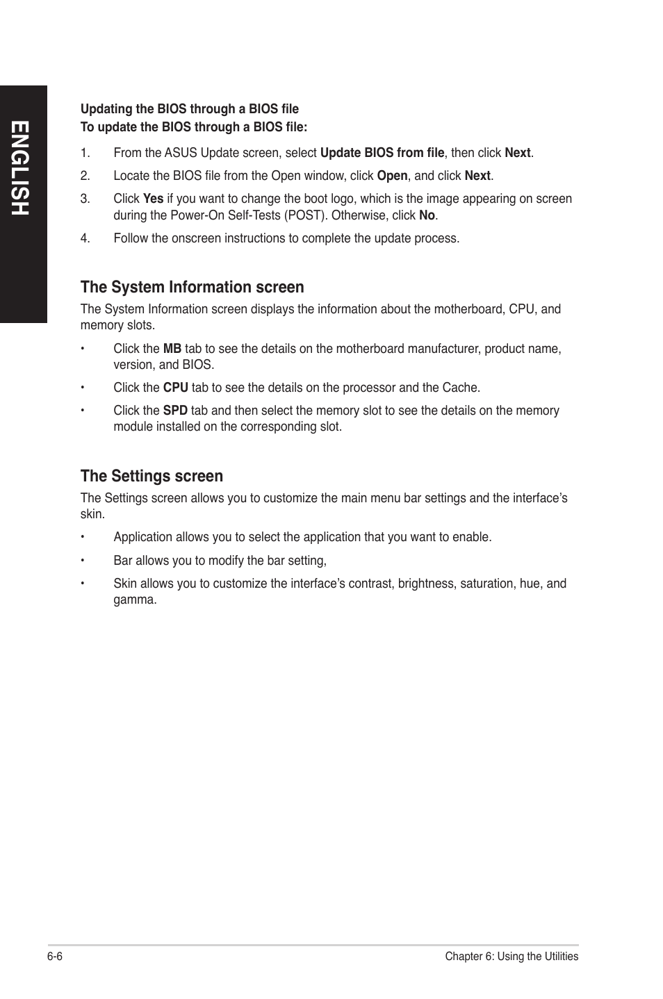 English, The system information screen, The settings screen | Asus BP6260 User Manual | Page 52 / 64