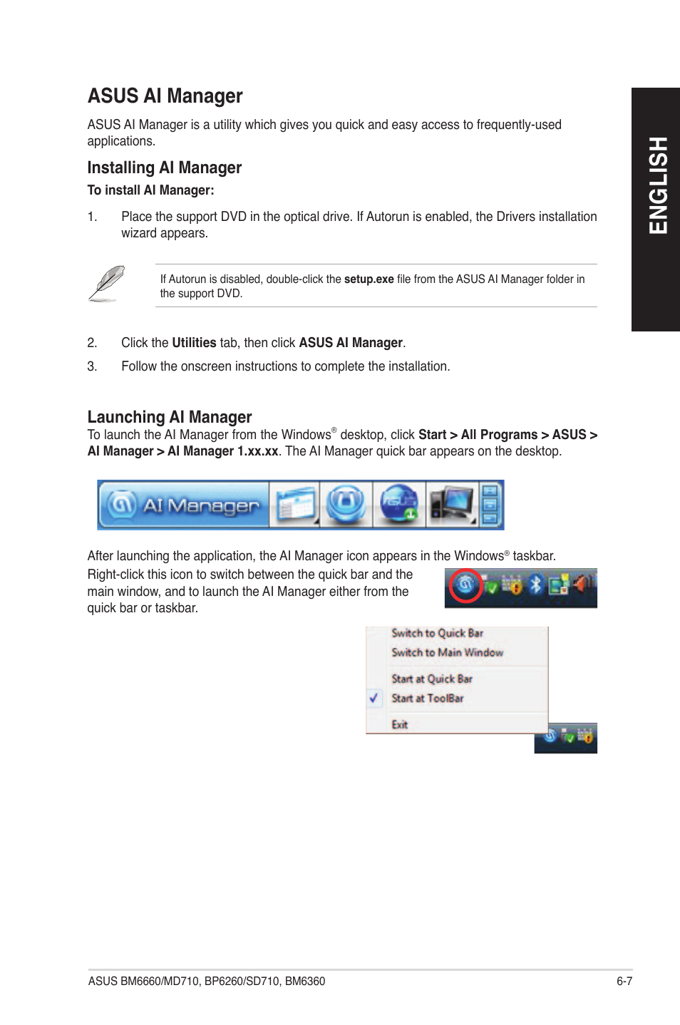 English, Asus ai manager, Installing ai manager | Launching ai manager | Asus BP6260 User Manual | Page 53 / 64