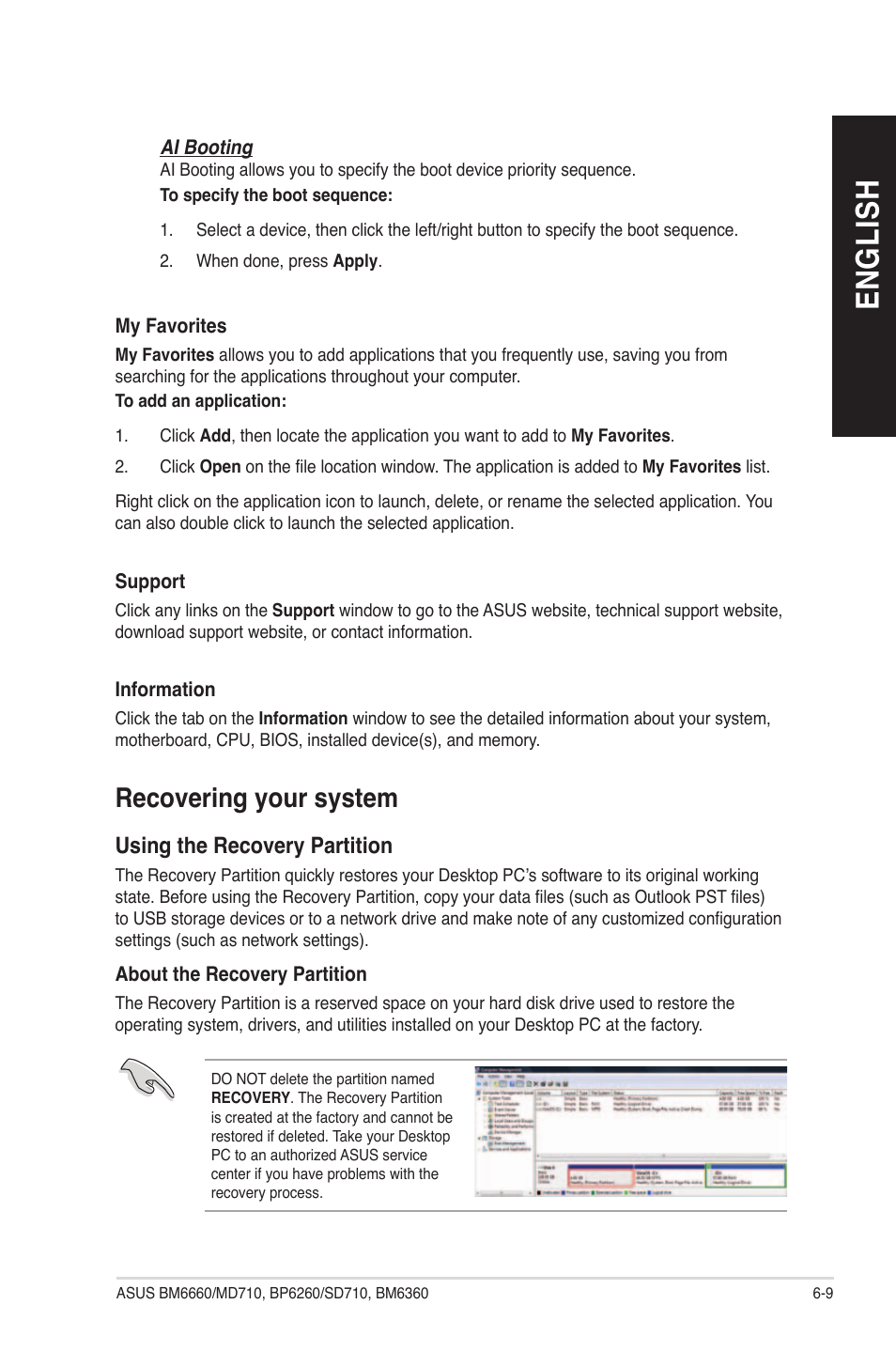 English, Recovering your system, Using the recovery partition | Asus BP6260 User Manual | Page 55 / 64