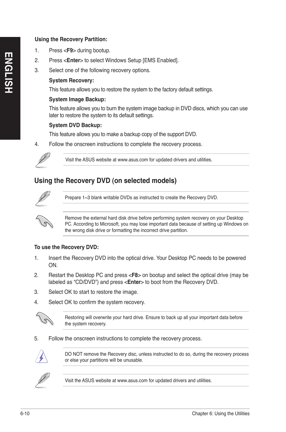 English, Using the recovery dvd (on selected models) | Asus BP6260 User Manual | Page 56 / 64