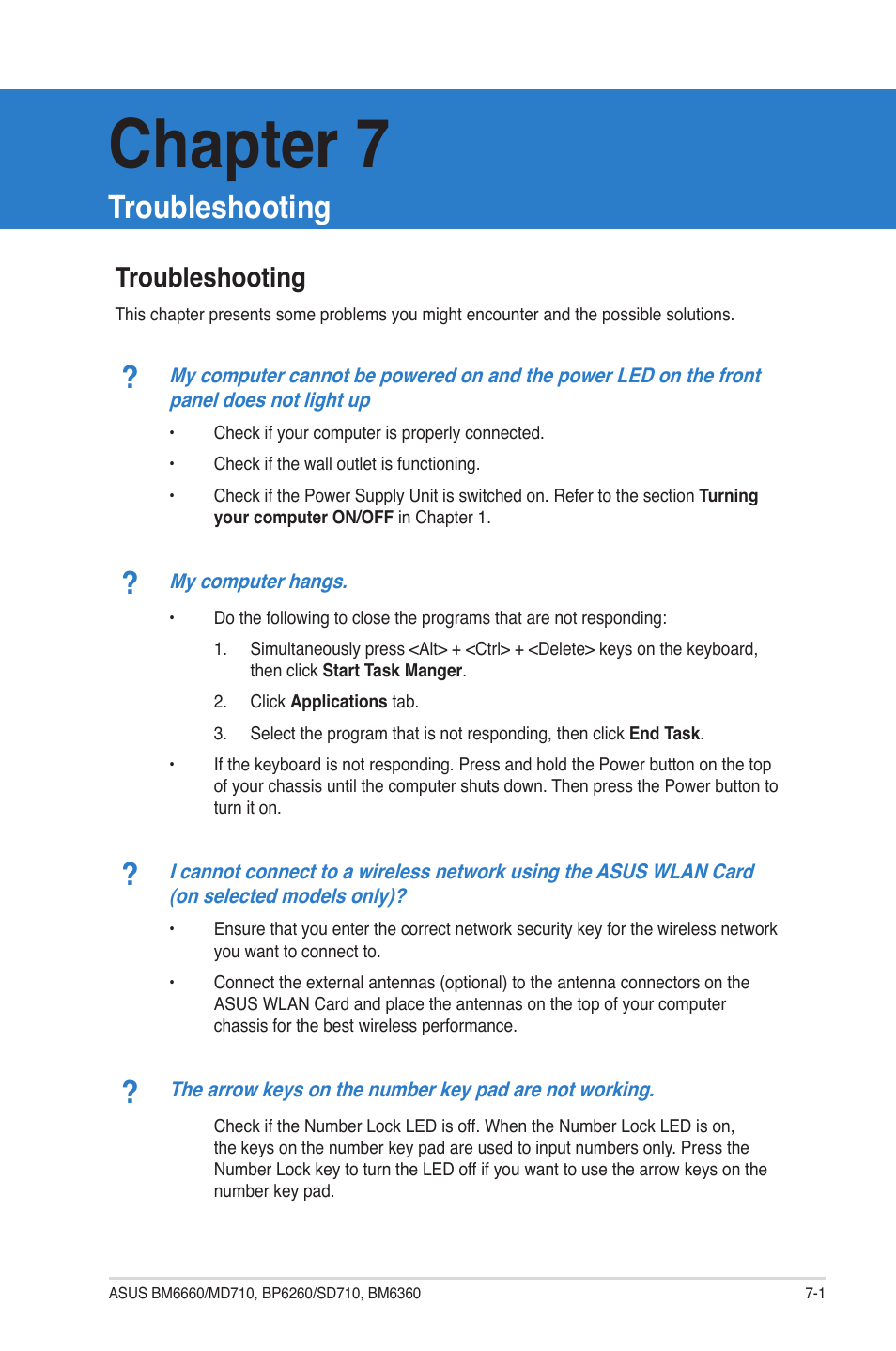 Chapter 7, Troubleshooting | Asus BP6260 User Manual | Page 57 / 64